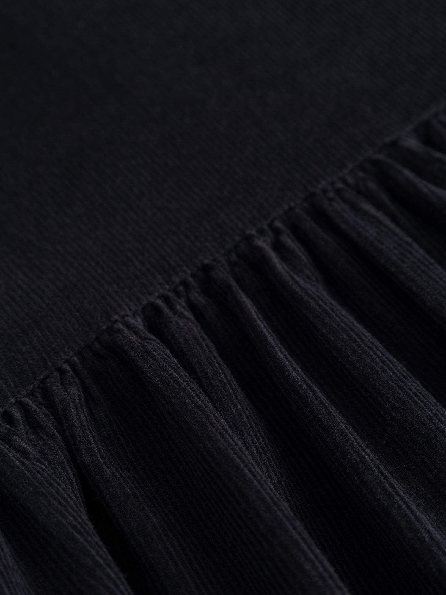 Detail close-up of the corduroy ribs and square boat neck of the dark navy Tradi Dress.