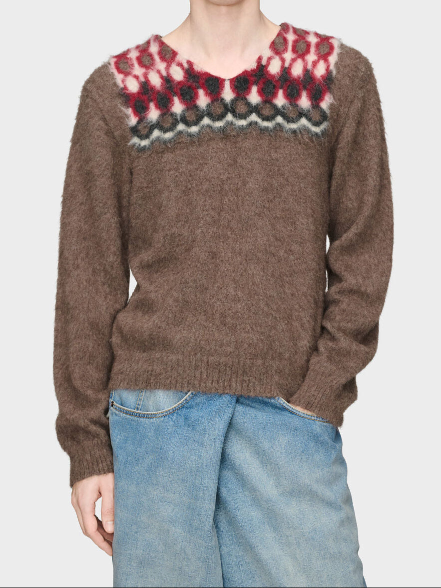 Model wearing Maison Margiela Brushed Pullover in Brown/Charcoal/Ecru/Dark Red