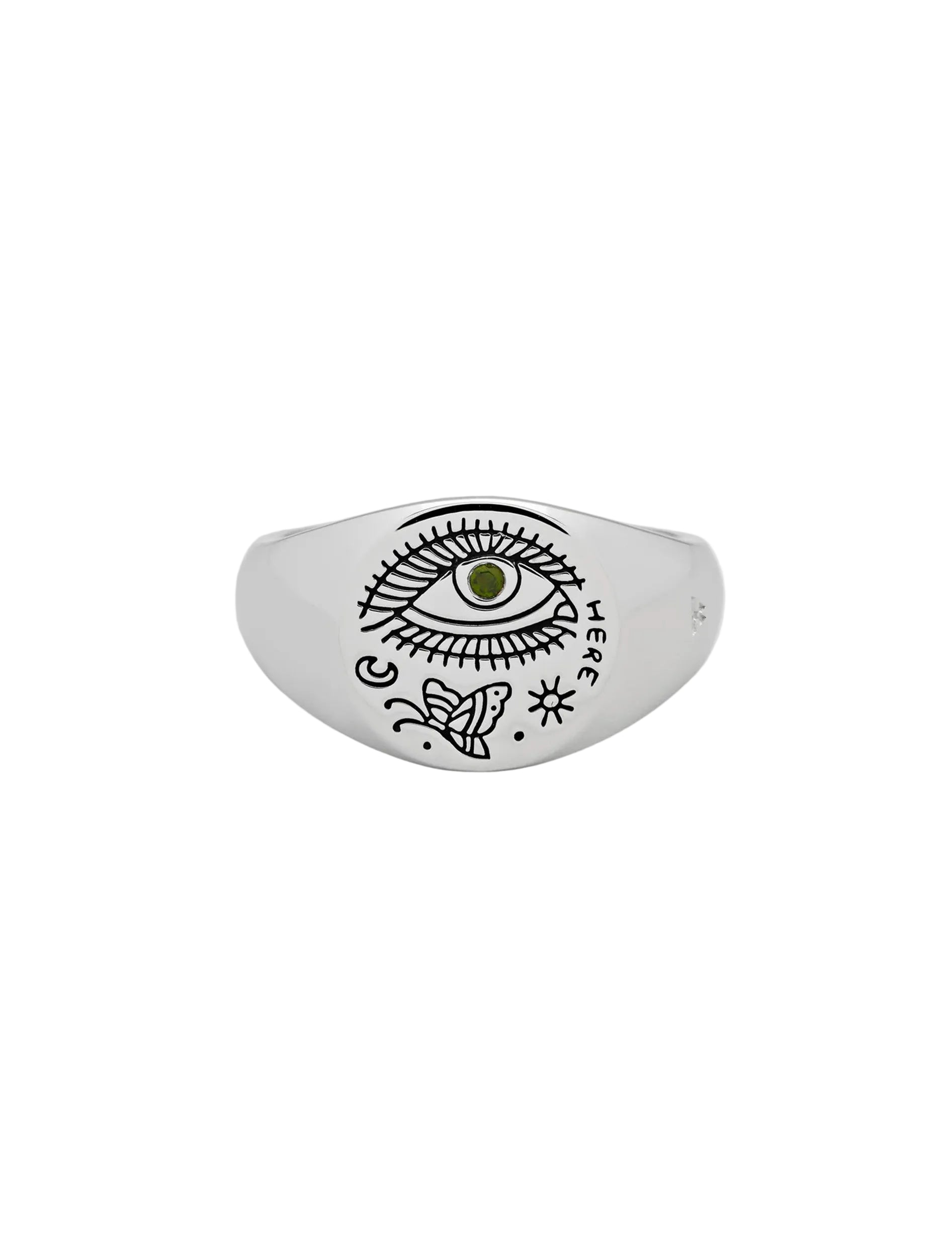 Tom Wood Butterfly Ring front view with engraved motif and green tourmaline