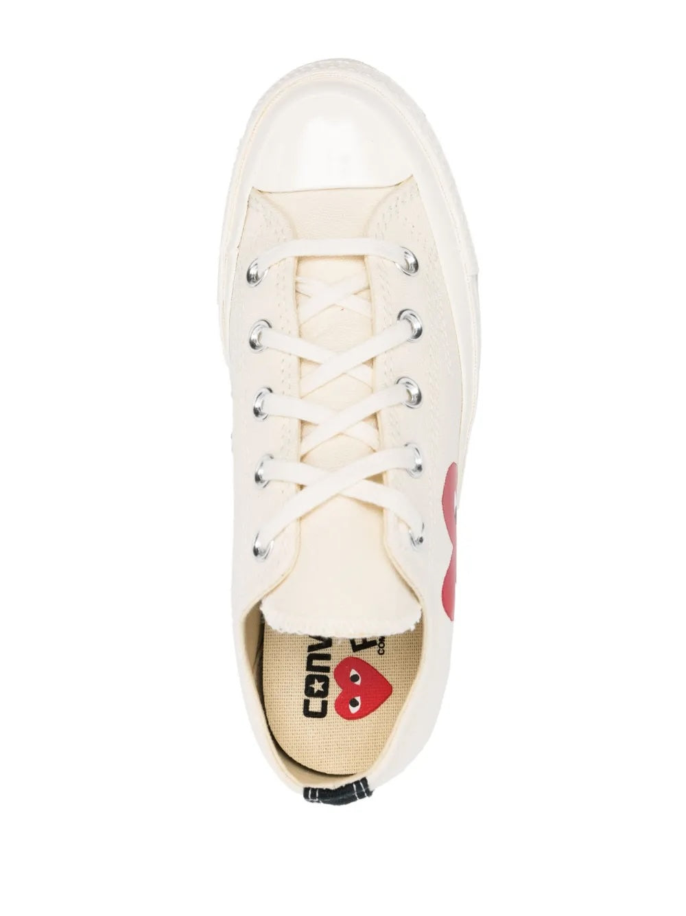 Comme des Garçons Play x Converse Chuck 70 low-top sneakers in white, top-down view showing lacing, silver eyelets and dual-branded Converse x CDG Play insole