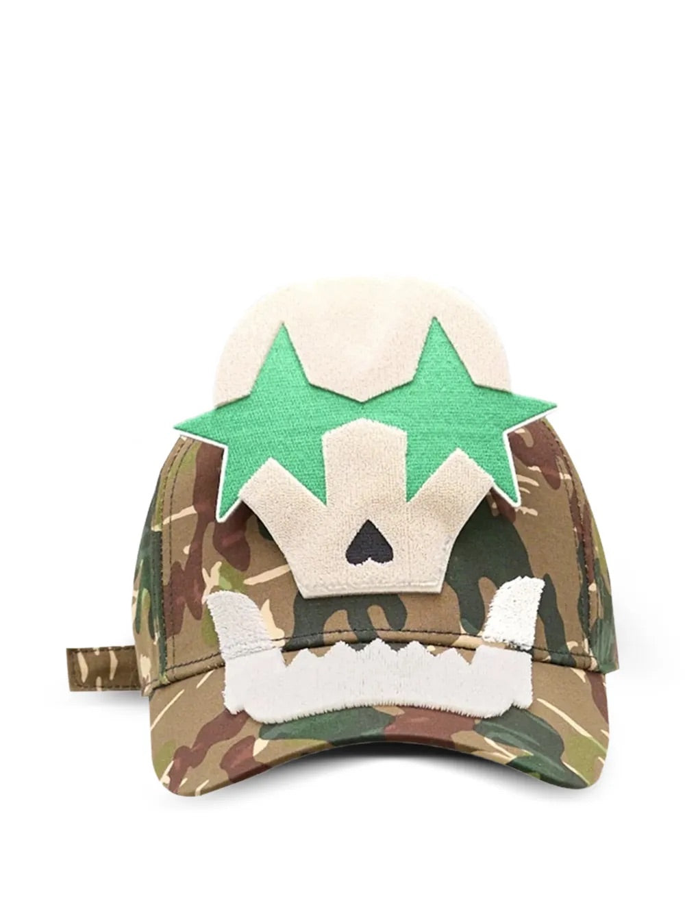 Walter Van Beirendonck Camo Cap in Military Green - front view showing camouflage print with oversized skull and green star appliqué to the front