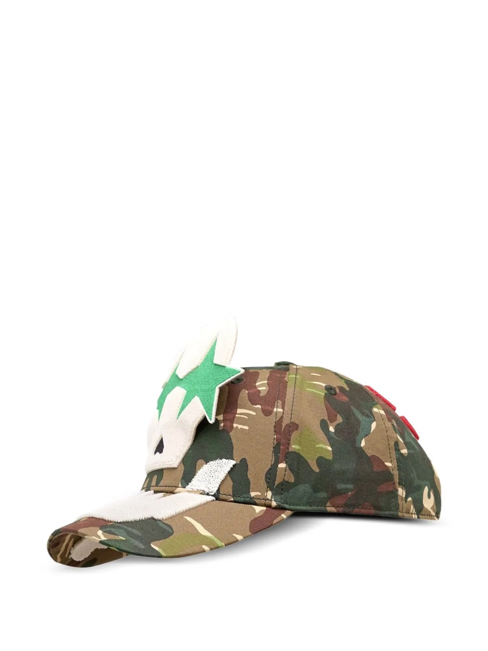 Walter Van Beirendonck Camo Cap in Military Green - side view showing camouflage print with skull and green star appliqué, curved peak and adjustable strap to the rear