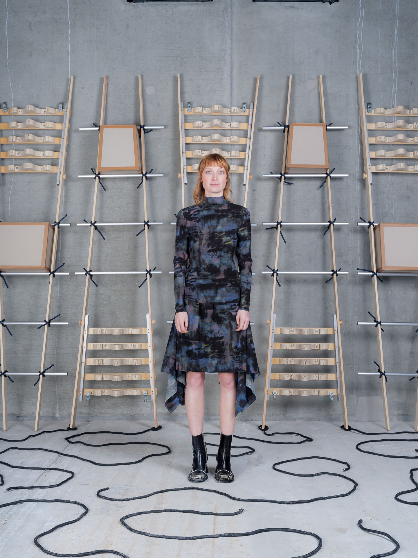 Model wearing Henrik Vibskov Carry A Skirt in Mushroom Tapestry front view