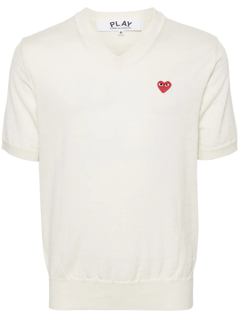 Packshot of the Comme des Garçons Play Unisex V-Neck Sweater Short-Sleeve in off white, featuring a clean wool construction, V-neckline, short sleeves, and minimalist unisex silhouette.