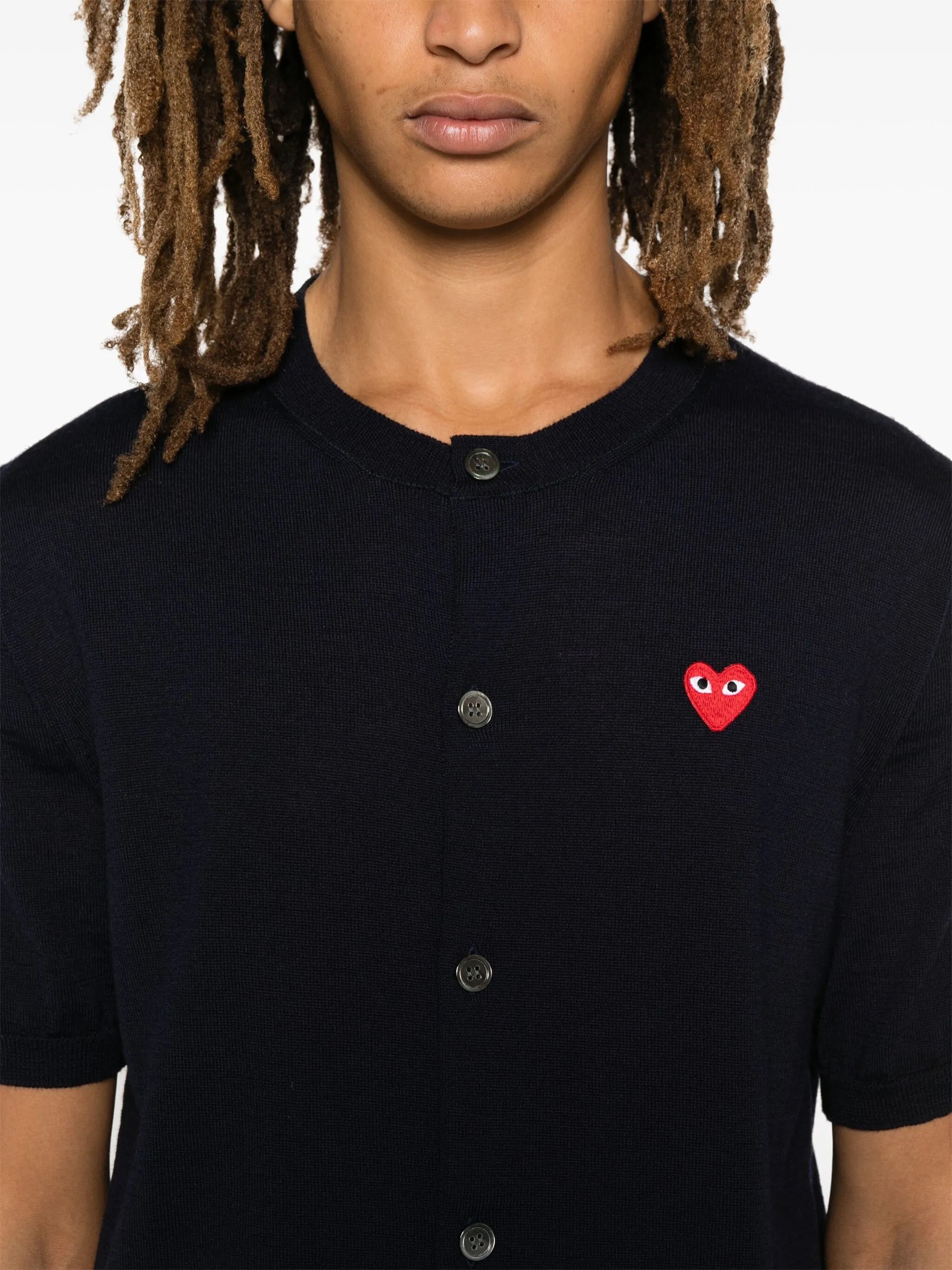 Unisex Round-Neck Cardigan Short-Sleeve in Navy from Comme des Garçons Play