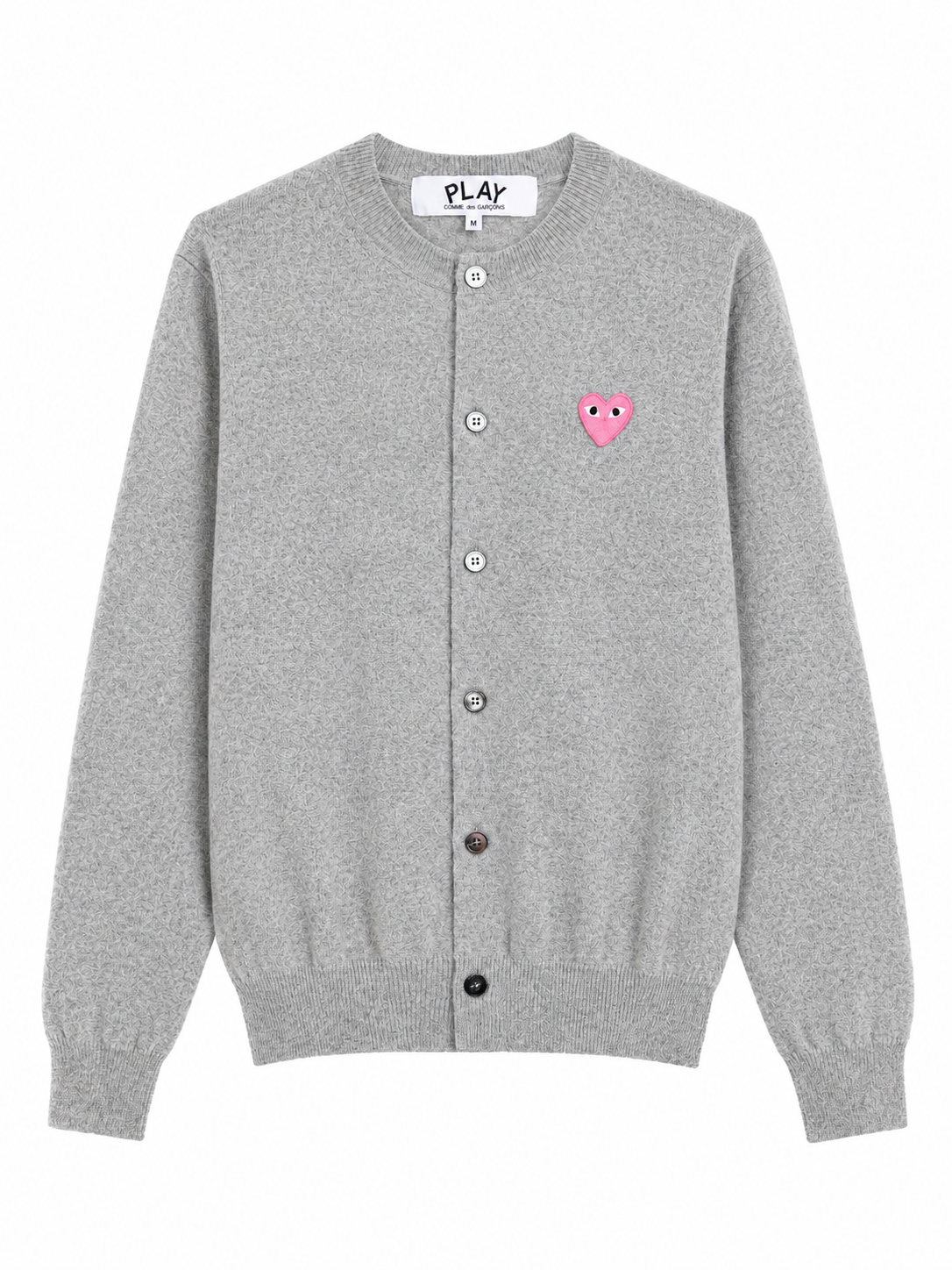 Comme des Garçons Play light grey cardigan with pink heart logo
