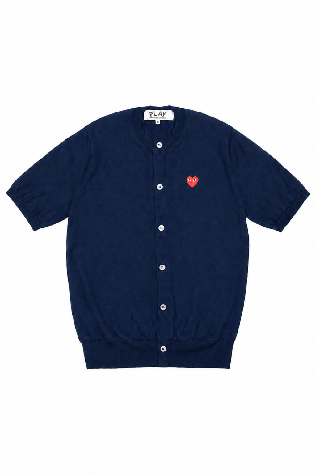 Comme des Garçons Play Unisex Short Sleeve Cardigan Red Heart in navy wool with front button closure and red embroidered heart logo