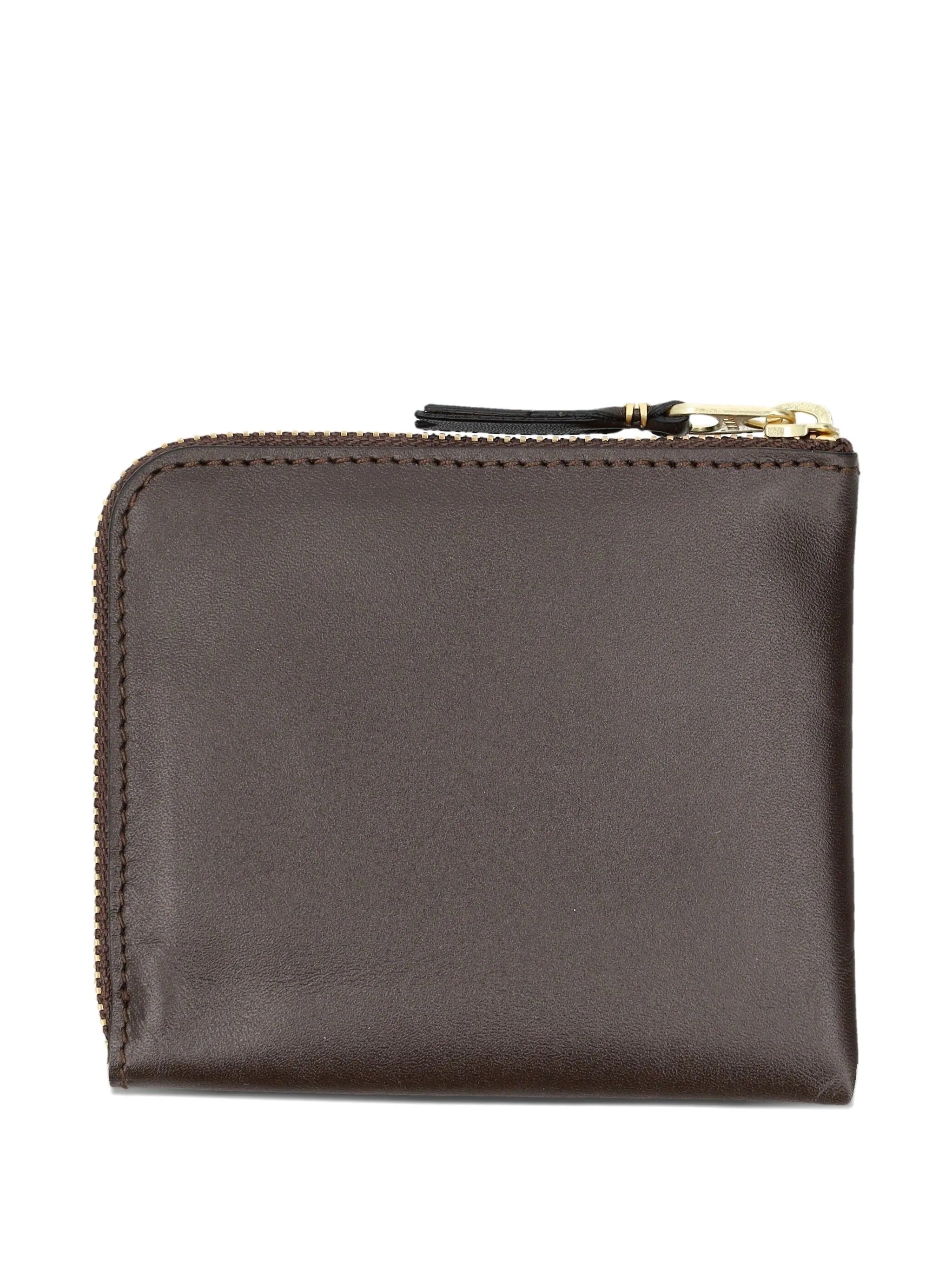 Brown leather wallet with a gold zipper on a white background