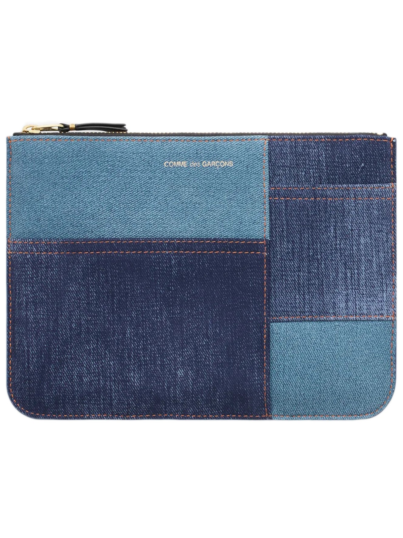 Front view of the SA5100DP Wallet from Comme des Garçons Wallet, with denim patchwork design.
