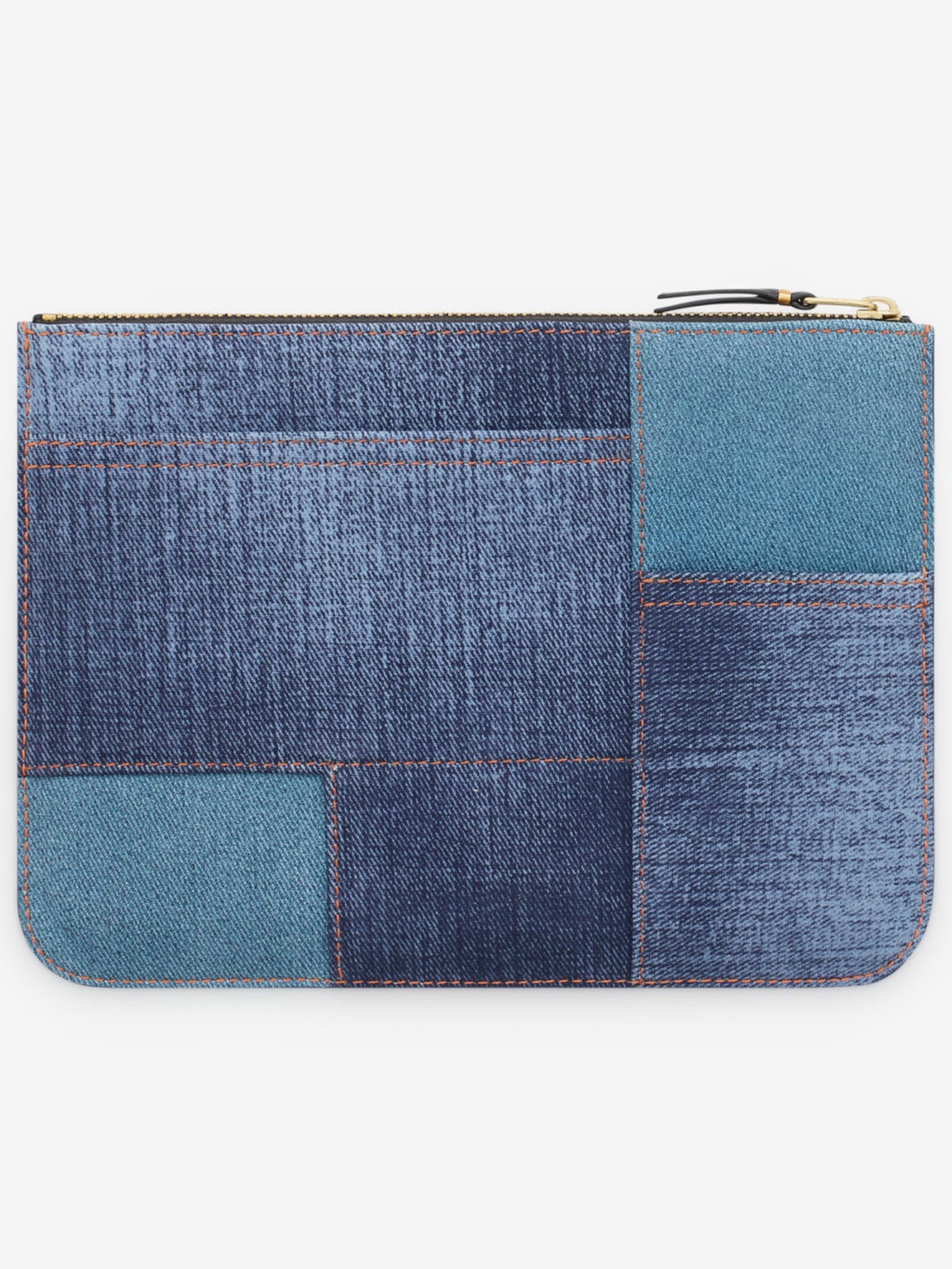 Back view of the SA5100DP Wallet from Comme des Garçons Wallet, with denim patchwork design.