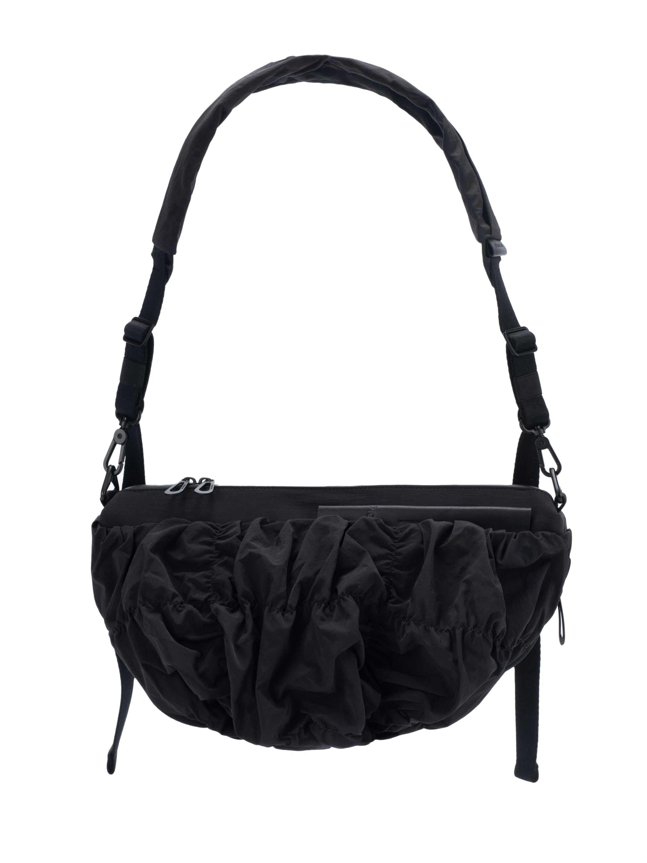Côte&Ciel Orne Otra Gathered crossbody bag in black, front view, sculptural ergonomic design with gathered textured nylon and water-repellent main compartment.