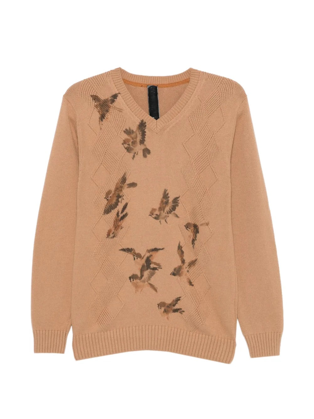Ka Wa Key Diamond Cable V-Neck Jumper in Wantering Sparrows front view