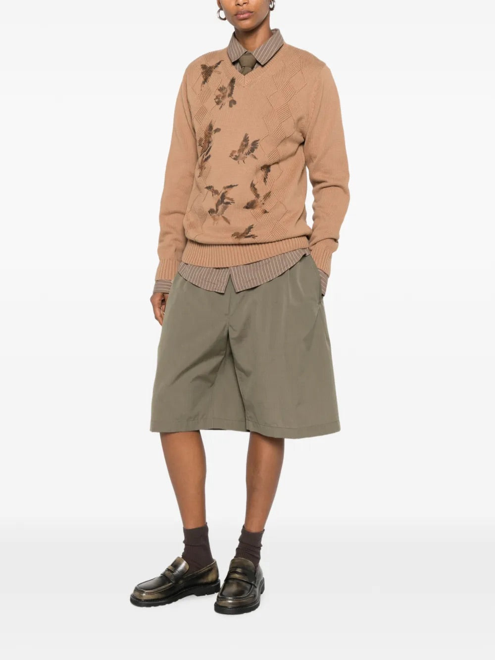 Ka Wa Key Diamond Cable V-Neck Jumper in Wantering Sparrows worn angled view
