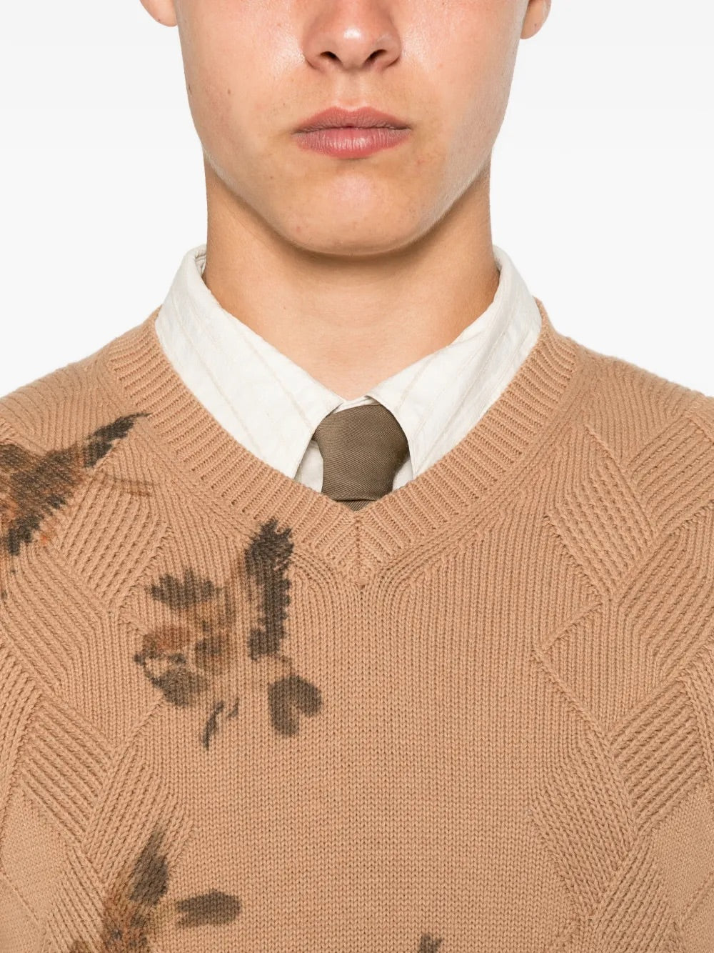 Ka Wa Key Diamond Cable V-Neck Jumper in Wantering Sparrows close-up of bird print and cable knit texture