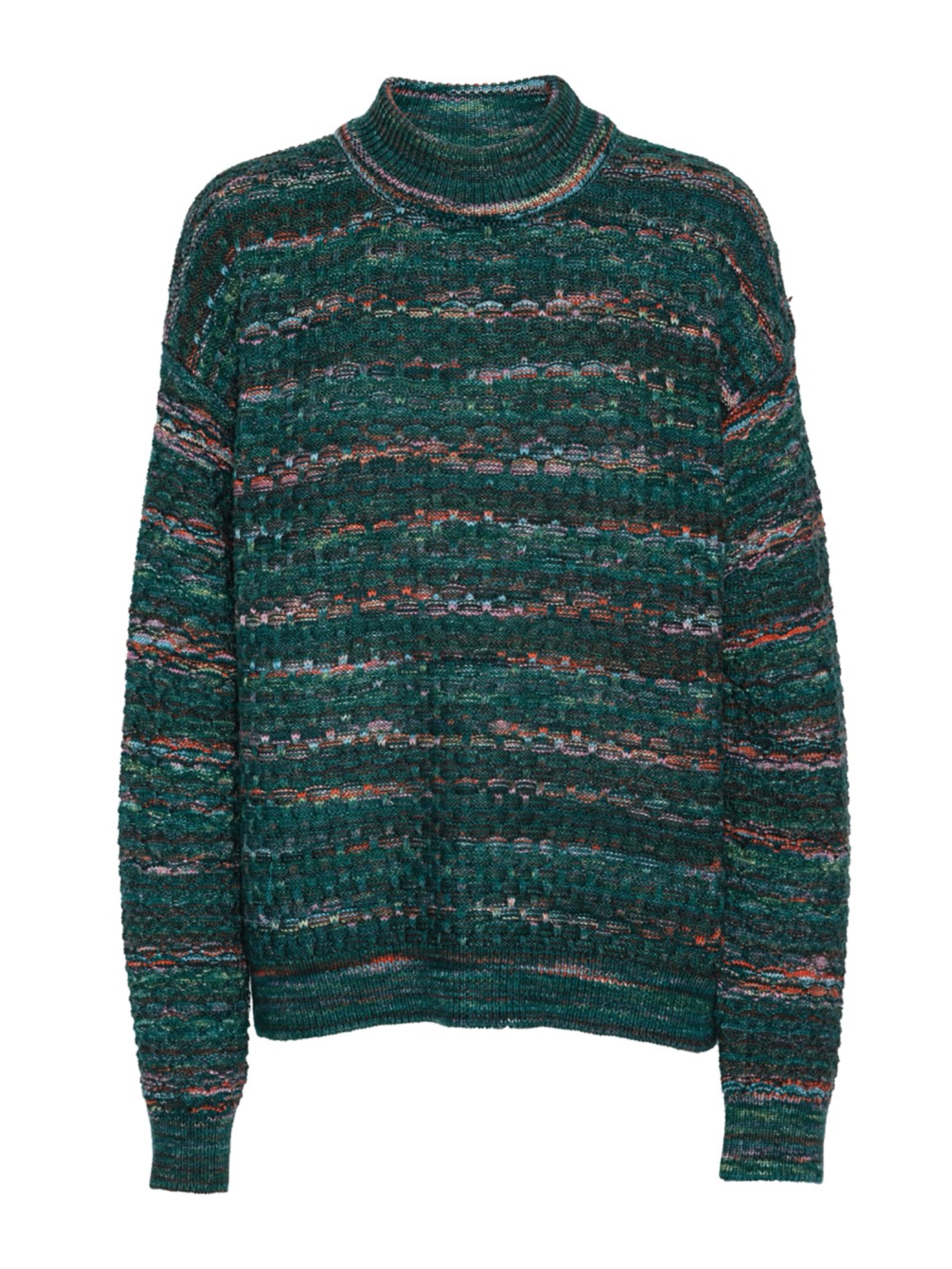 Henrik Vibskov Disguise Sweat in Green Graffiti with multicolored knitted design, front view.