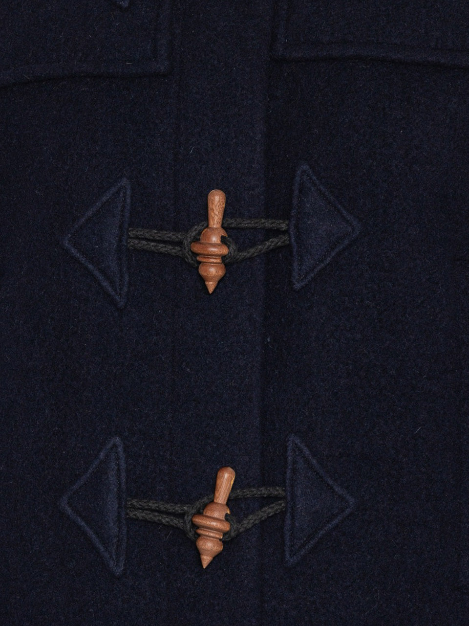 Henrik Vibskov Duffle Jacket in Navy Duffle toggle closure detail
