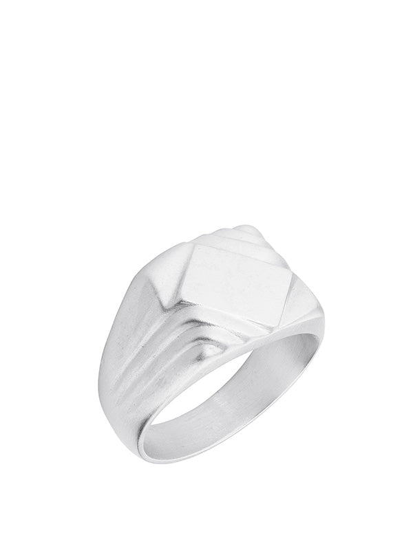 Silver ring with geometric design from Edith Hegedus on a white background