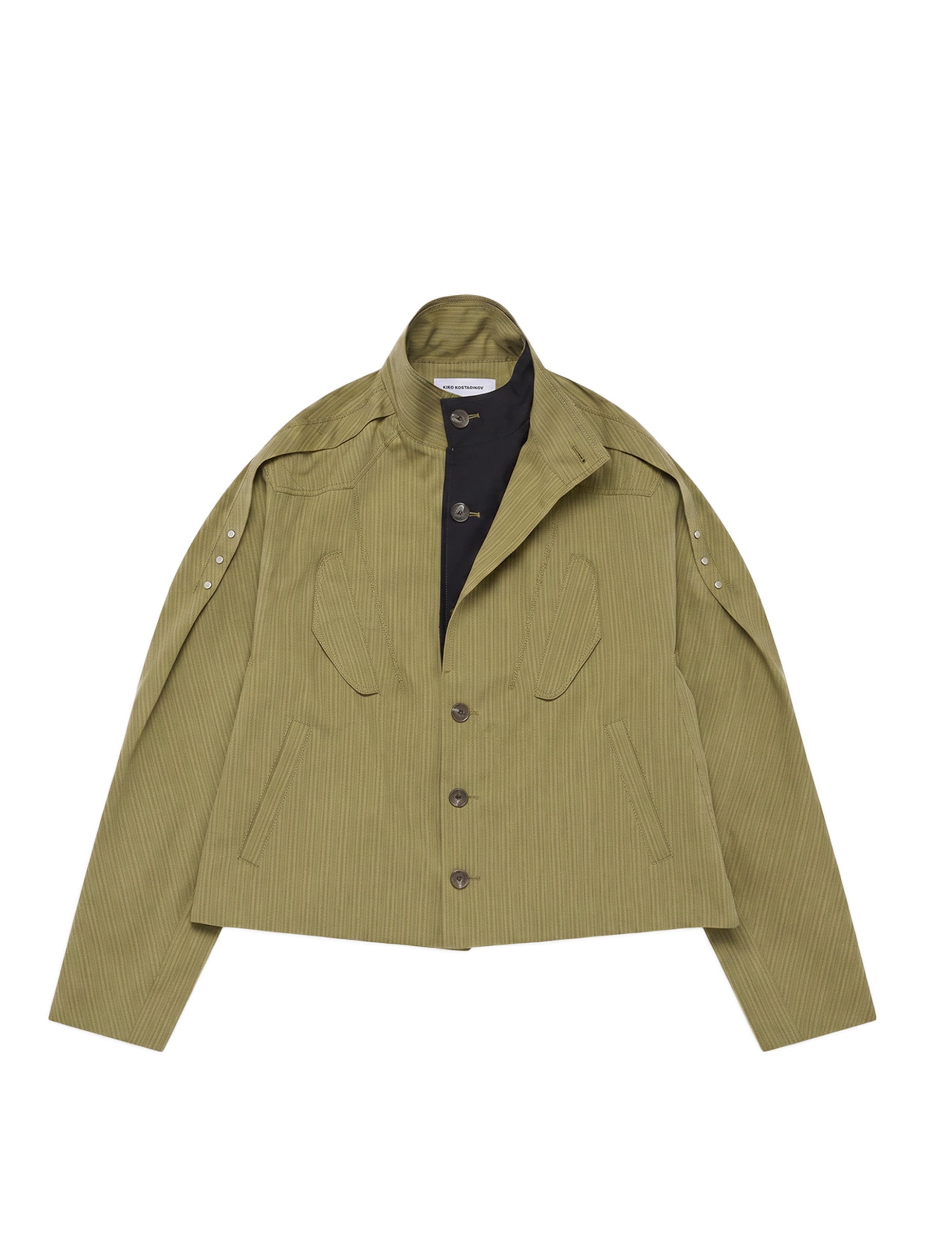 Kiko Kostadinov Egreta Jacket in Lime Stripe with a double-layer front and chest flap pockets.