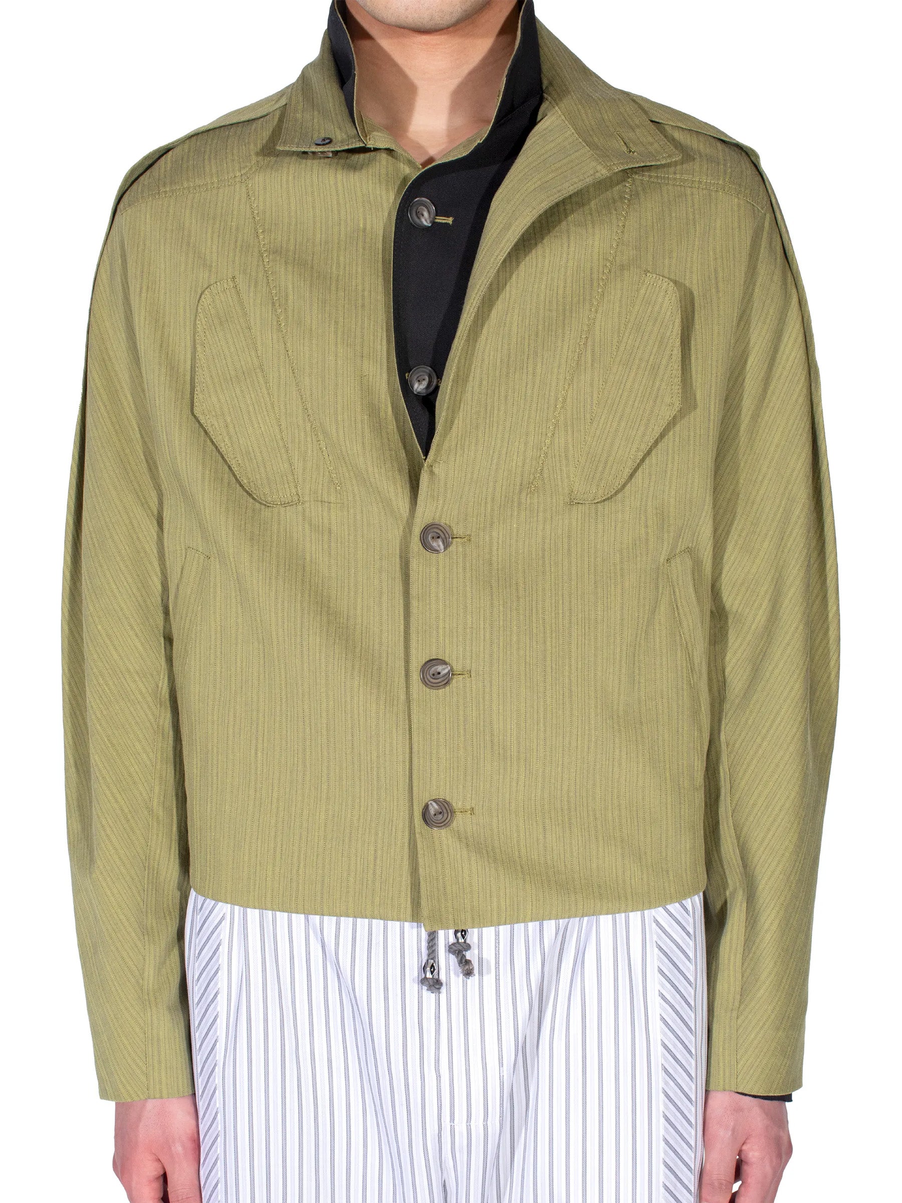 Front view of the Kiko Kostadinov Egreta Jacket in Lime Stripe.