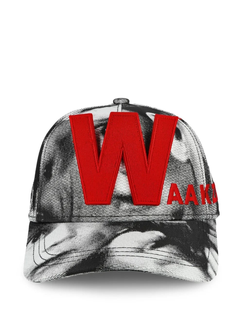 Walter Van Beirendonck Glitch Cap in Comb. I Sample - front view showing black and white face print with bold red W logo detail