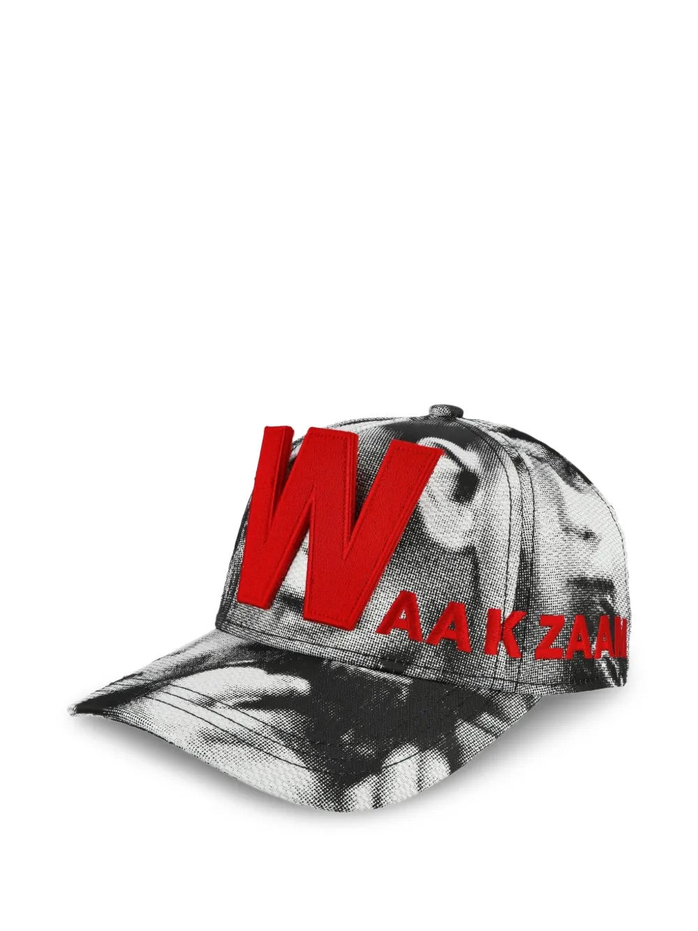 Walter Van Beirendonck Glitch Cap in Comb. I Sample - three-quarter view showing black and white face print with red logo and curved brim