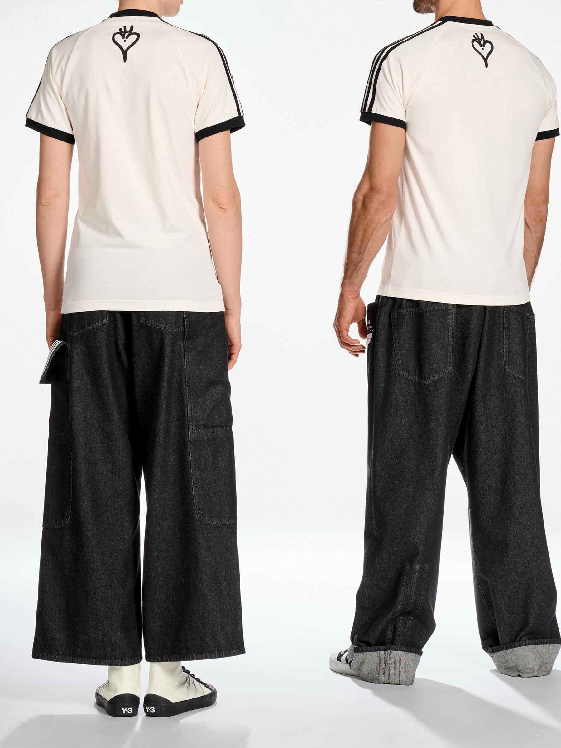 Y-3 Graphic Cali Short Sleeve Tee in Core White - back view on two models showing Y-3 logo at neck and contrast 3-Stripes at shoulders