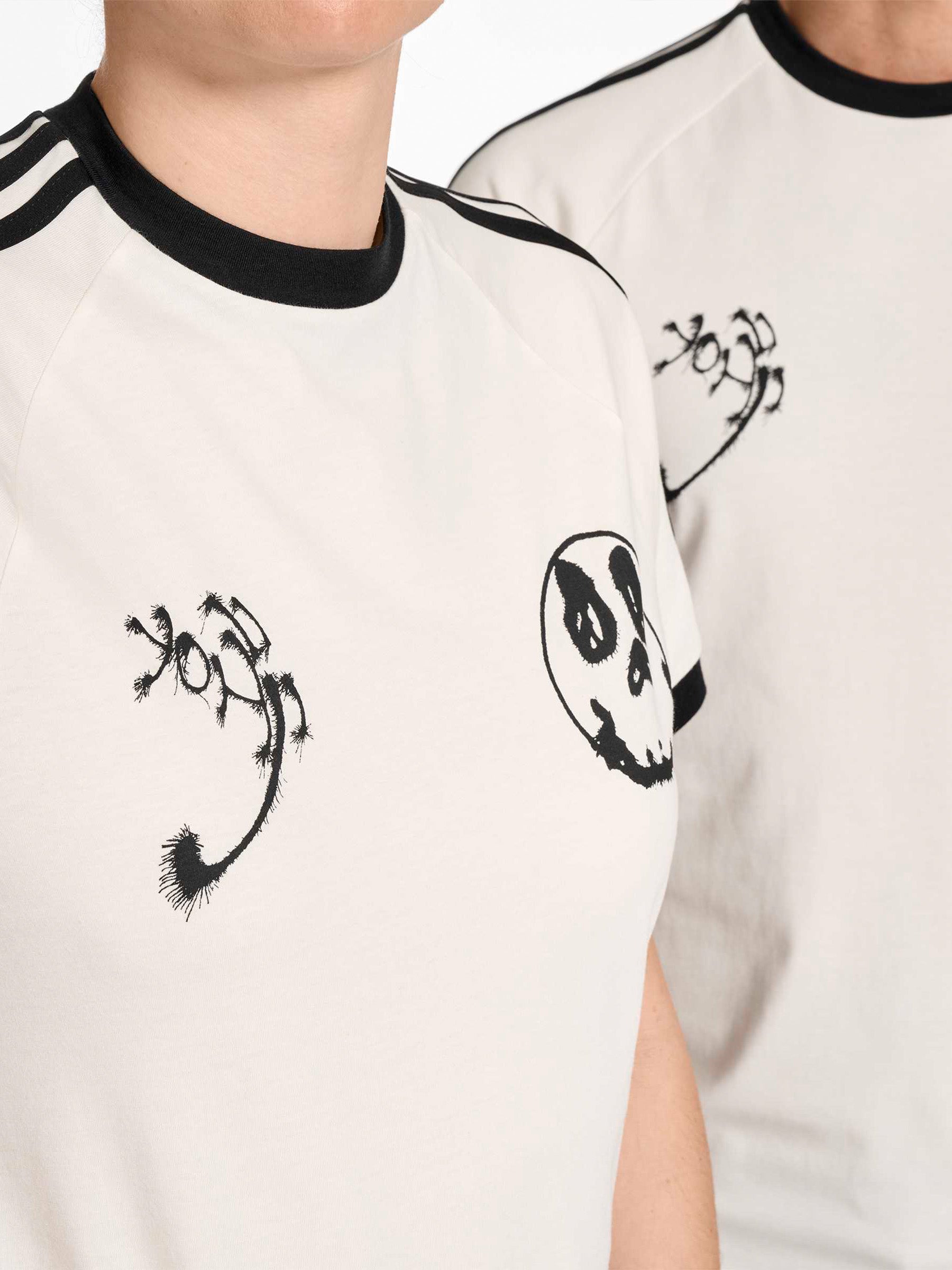 Y-3 Graphic Cali Short Sleeve Tee in Core White - close detail view showing skull graphic print and contrast 3-Stripes