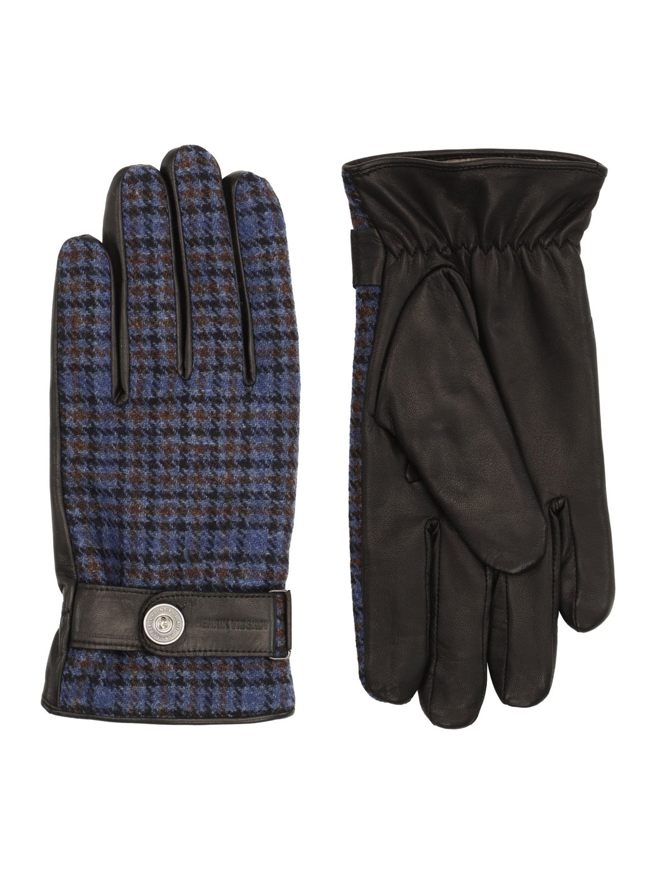 Henrik Vibskov HV Gloves in Blue Wool Checks crafted from merino wool with black leather palms and snap-button cuffs.