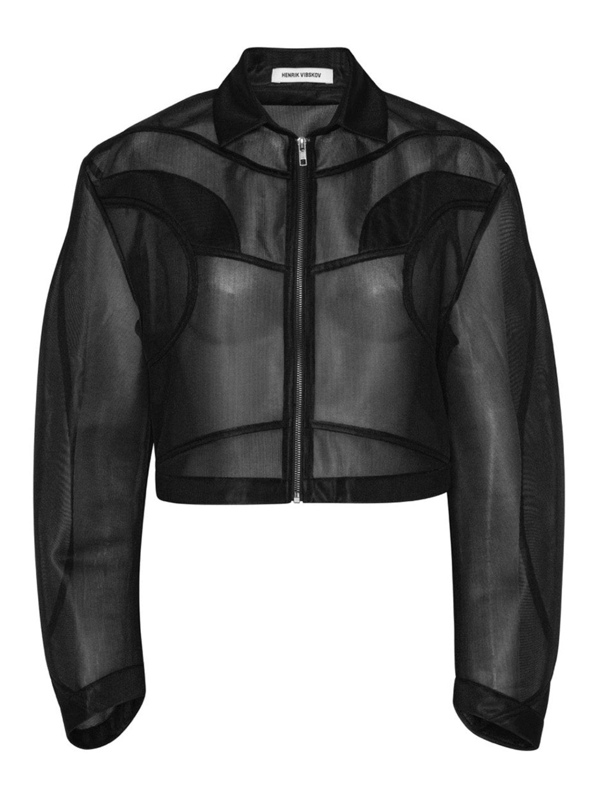 Henrik Vibskov Abstract Frog Blouse in black, sheer mesh cropped jacket with zip front, front flat lay