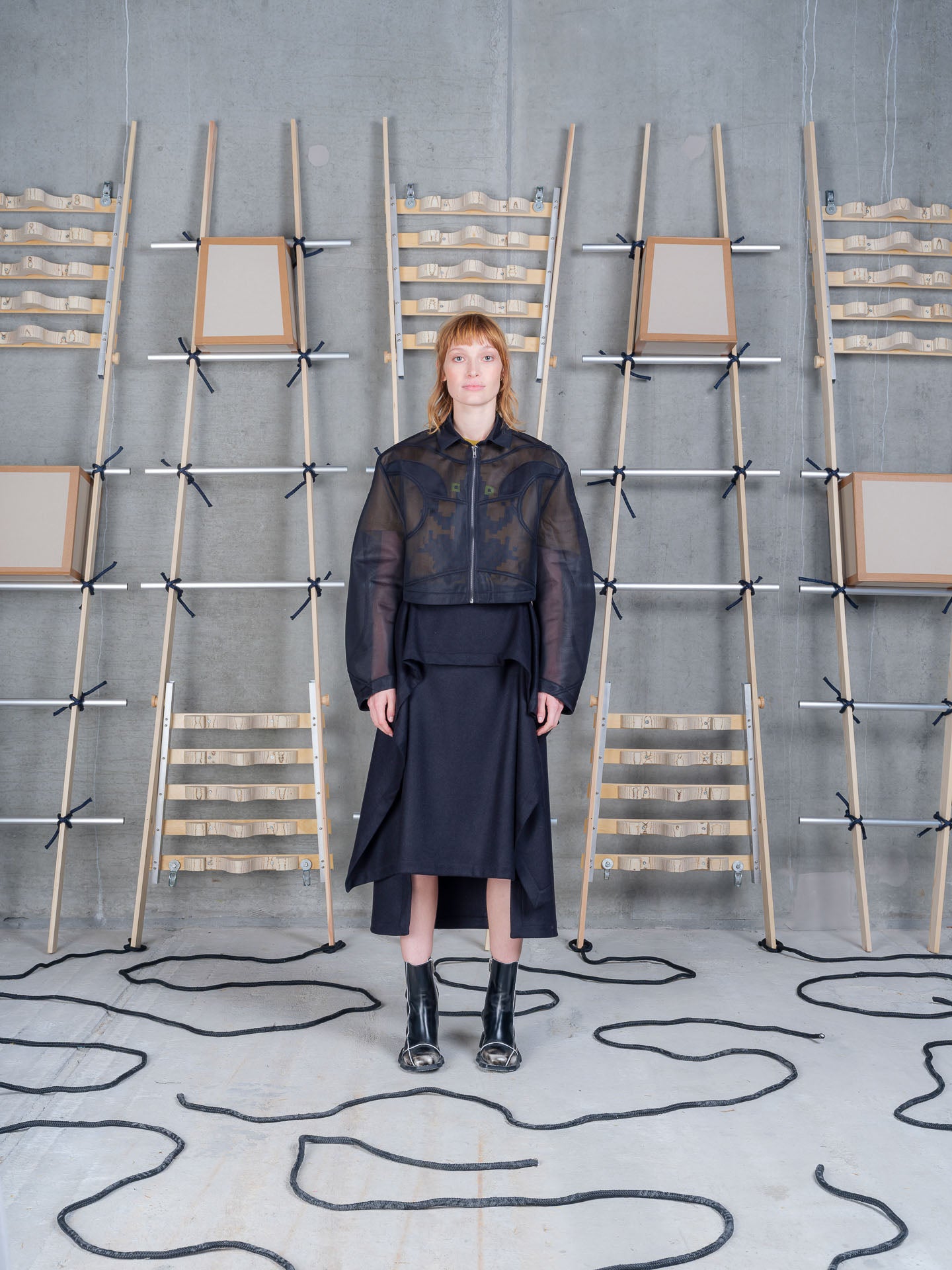 Model wearing the Henrik Vibskov Abstract Frog Blouse in black, front view