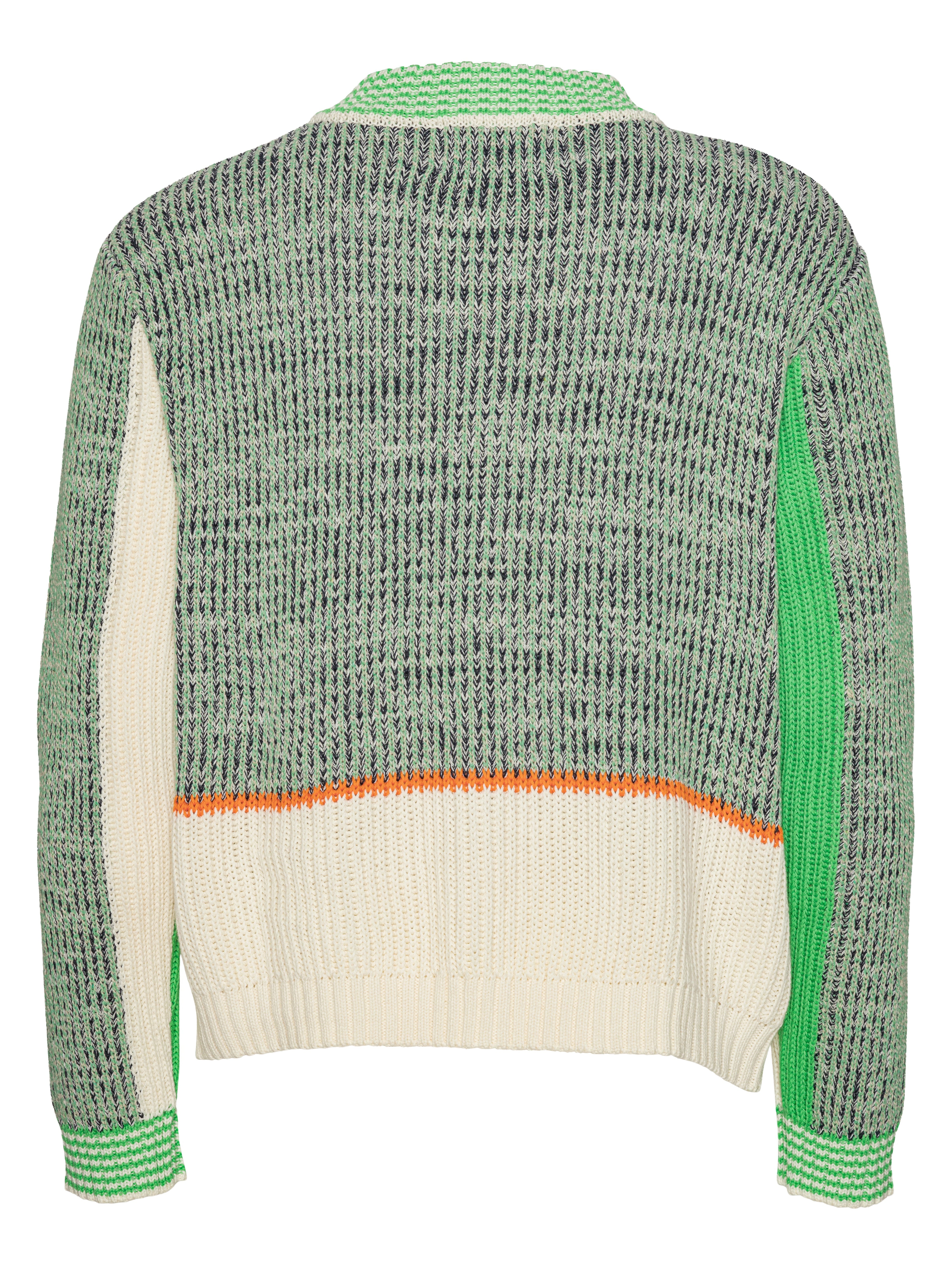 Back full-body packshot of the Abundance Cardigan in green, grey, and navy with beige accents from Henrik Vibskov Spring/Summer 2026 Studio Collection, highlighting the block design and straight hem.