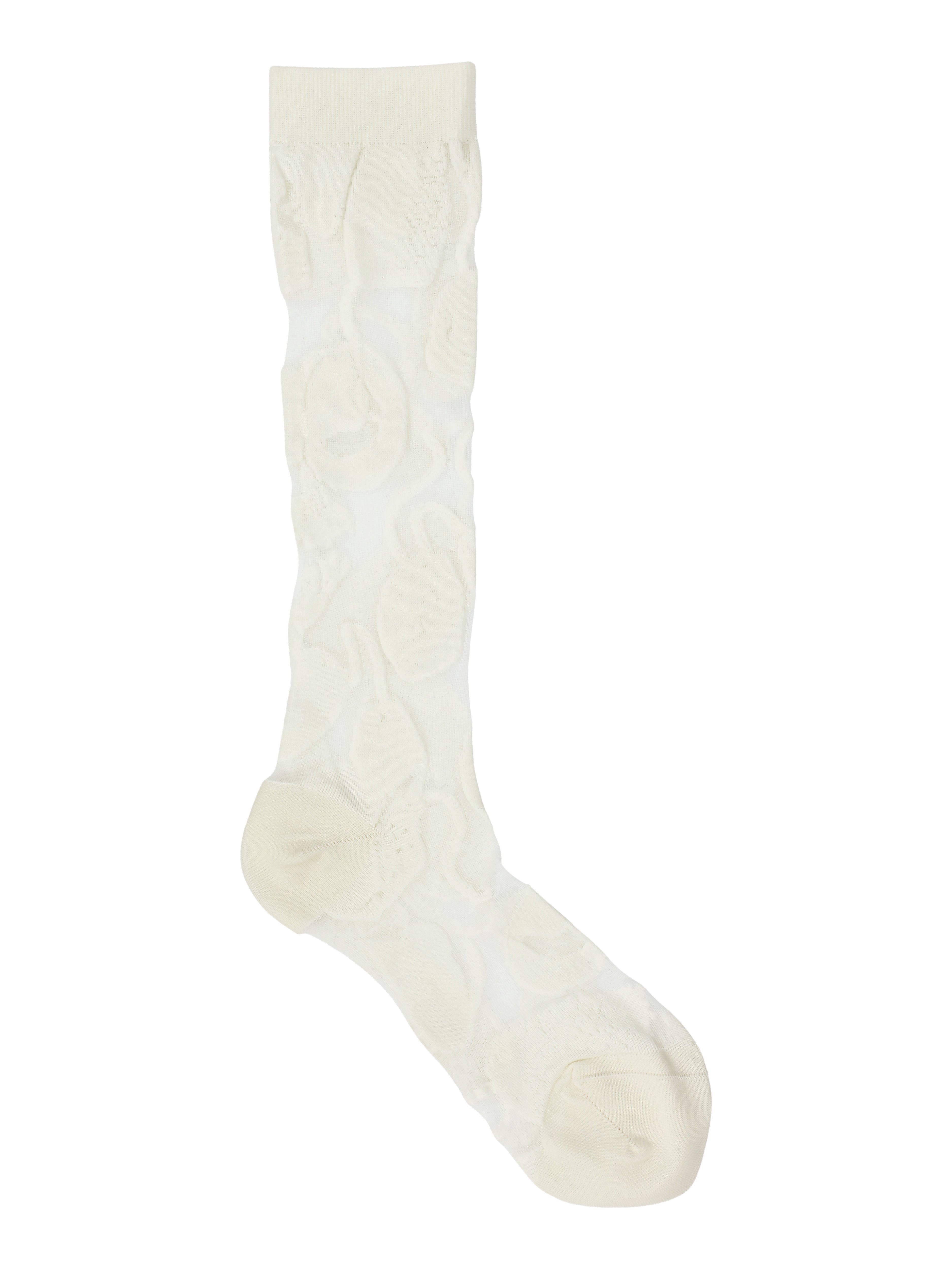 Packshot of the Amulet Long Socks in Bone White Amulets from Henrik Vibskov Spring/Summer 2026 Studio Collection, showing the tight-fitting white socks with thick white patterned detailing.