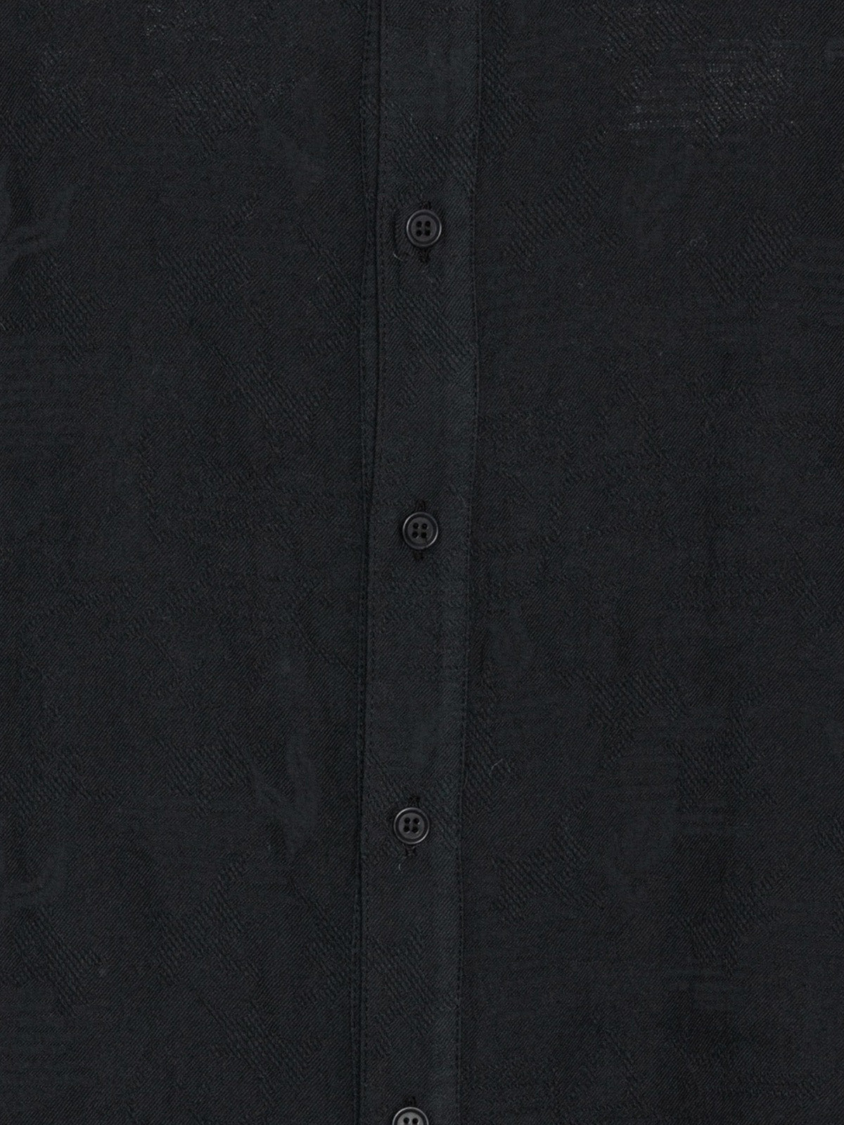 Henrik Vibskov Block Shirt Black, close-up detail of front placket and buttons showing tonal jacquard fabric texture