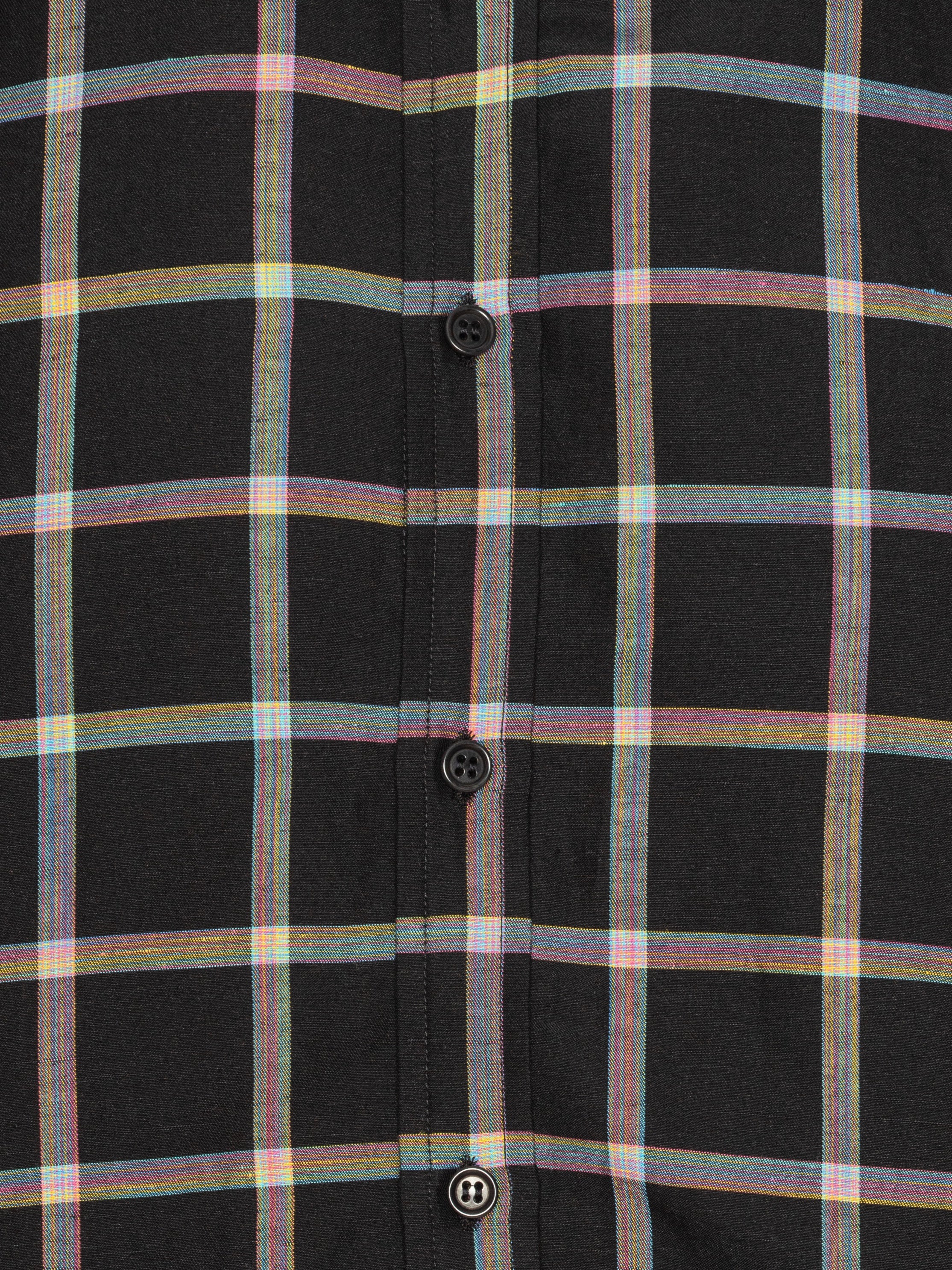 Close-up of the Block Shirt in Black Checks from Henrik Vibskov Spring/Summer 2026 Studio Collection, showing the multicoloured check pattern, collar detail, and front button placket.