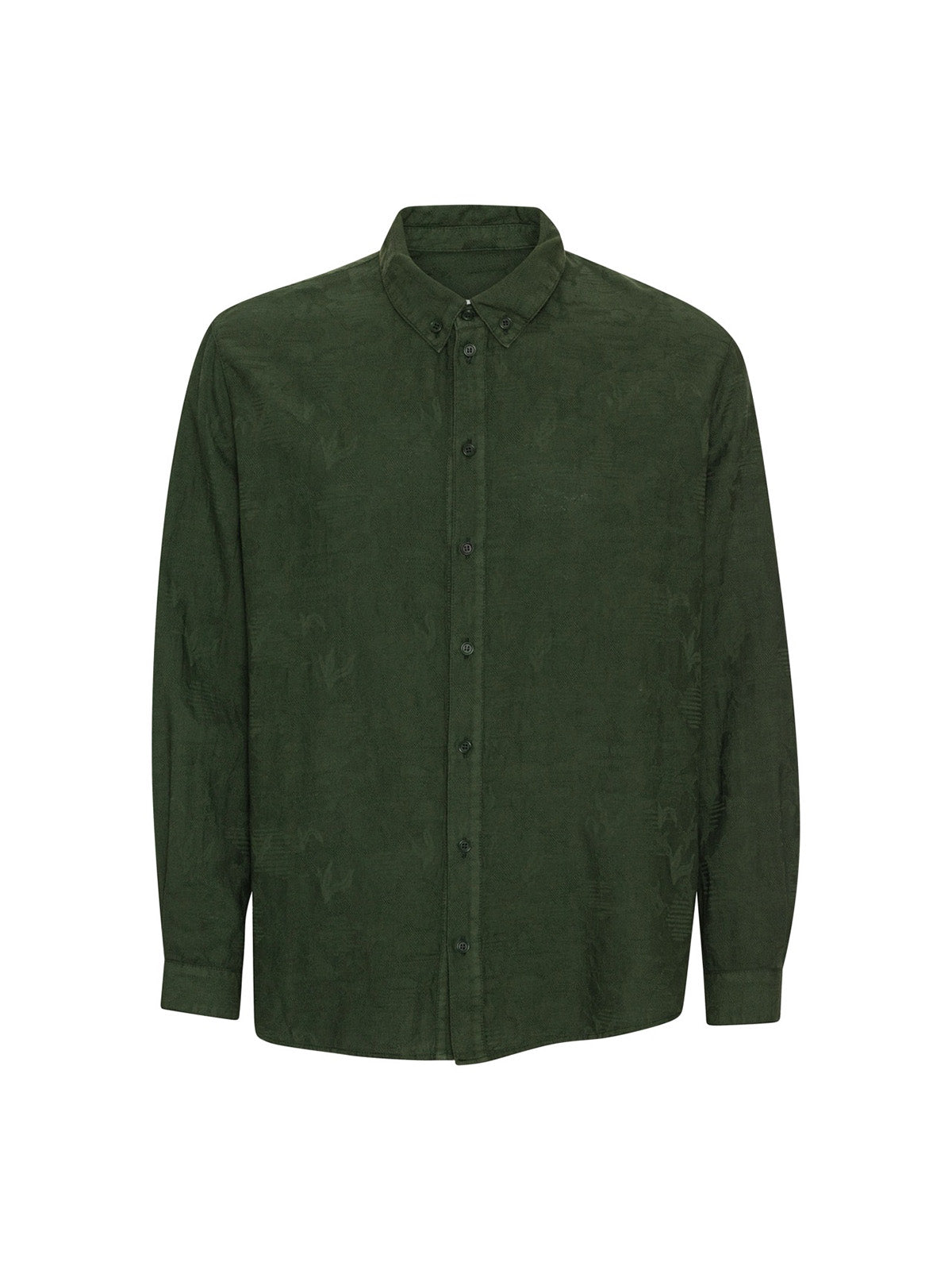 Henrik Vibskov Block Shirt Bottle Green, flat lay front, dark green organic cotton shirt with tonal jacquard texture and button-down collar