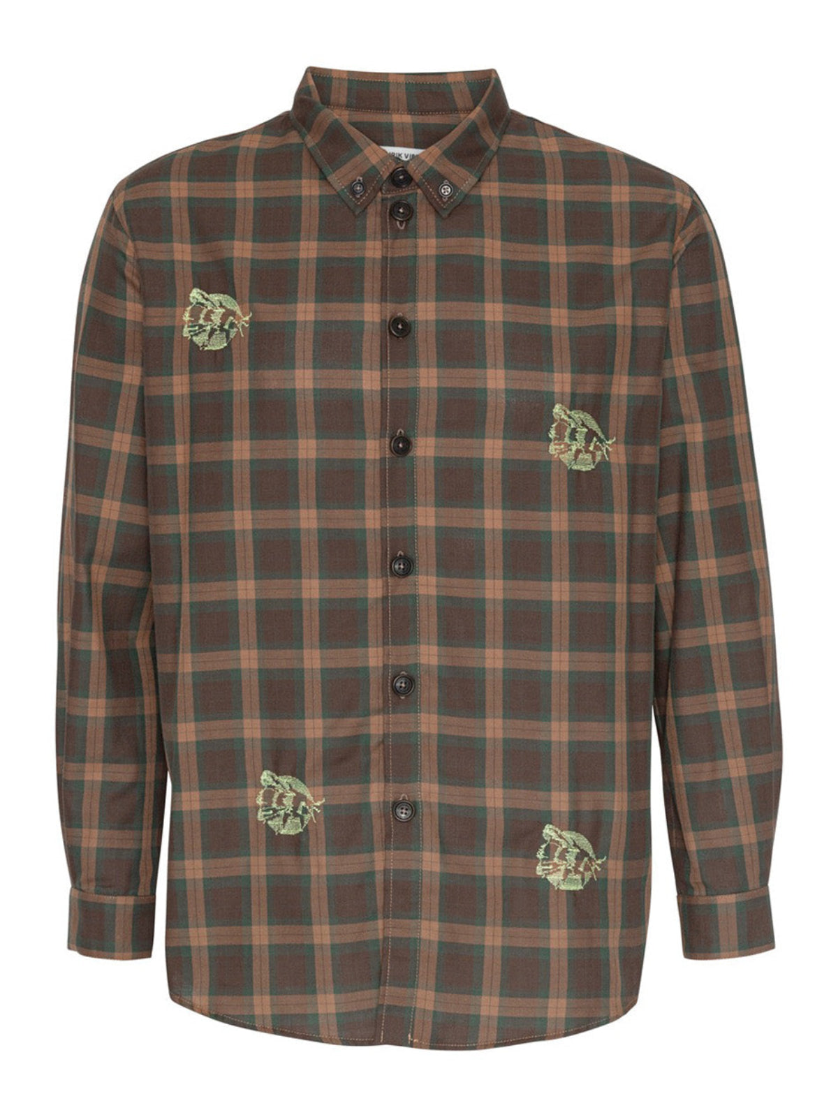 Henrik Vibskov Block Shirt Brown Cotton Checks, flat lay front, brown green and orange check shirt with embroidered motif at chest