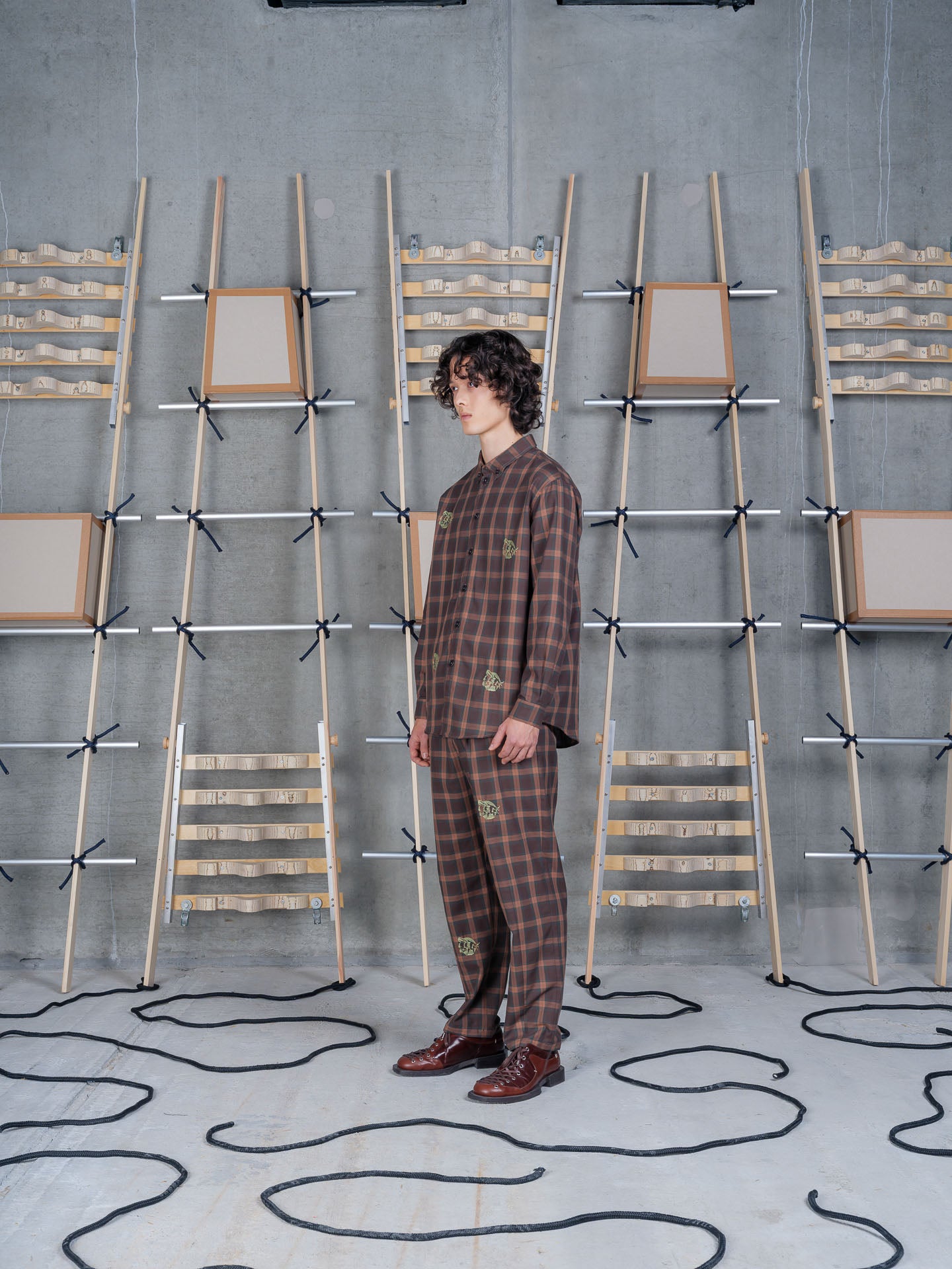 Henrik Vibskov Block Shirt Brown Cotton Checks, model side view, showing fit and collar detail