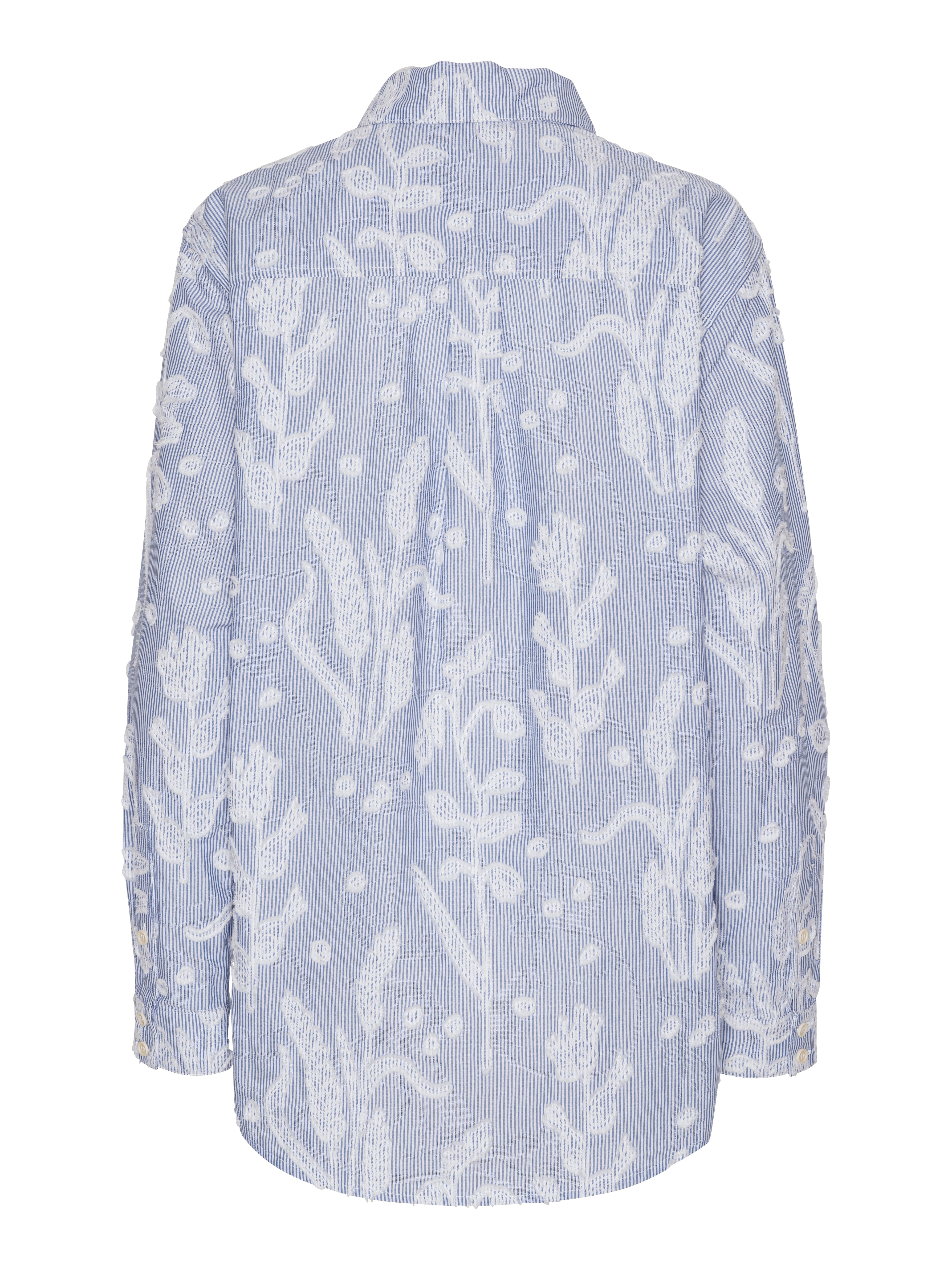 Block Shirt in Crops white and blue striped shirt with curved hem and long sleeves, back view – Henrik Vibskov Spring/Summer 2026 Key Collection