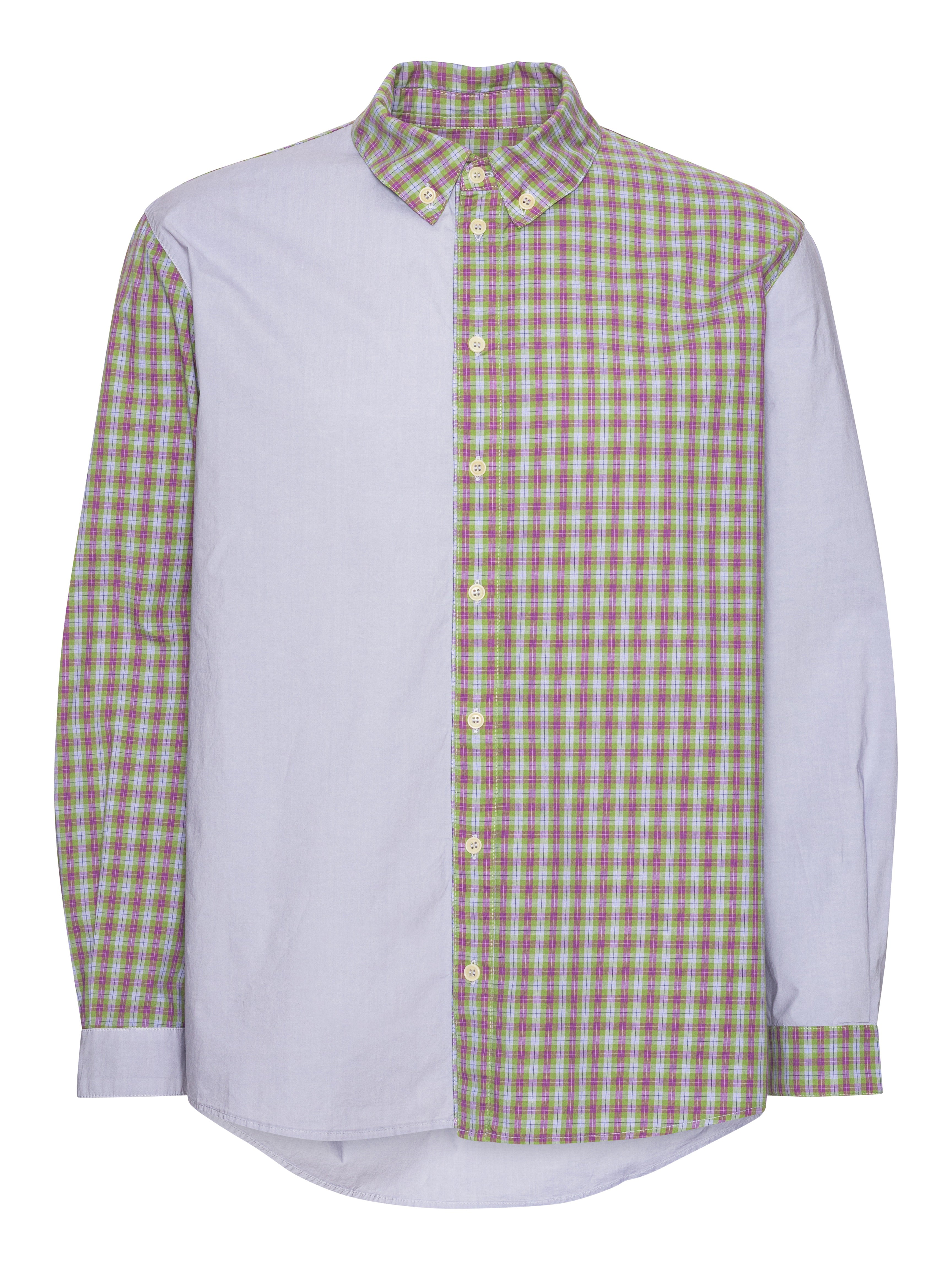 Front full-body packshot of the Block Shirt in lilac from Henrik Vibskov Spring/Summer 2026 Studio Collection, featuring a half-lilac, half-checked design with a classic collar, long sleeves, front button closure, and curved hem.