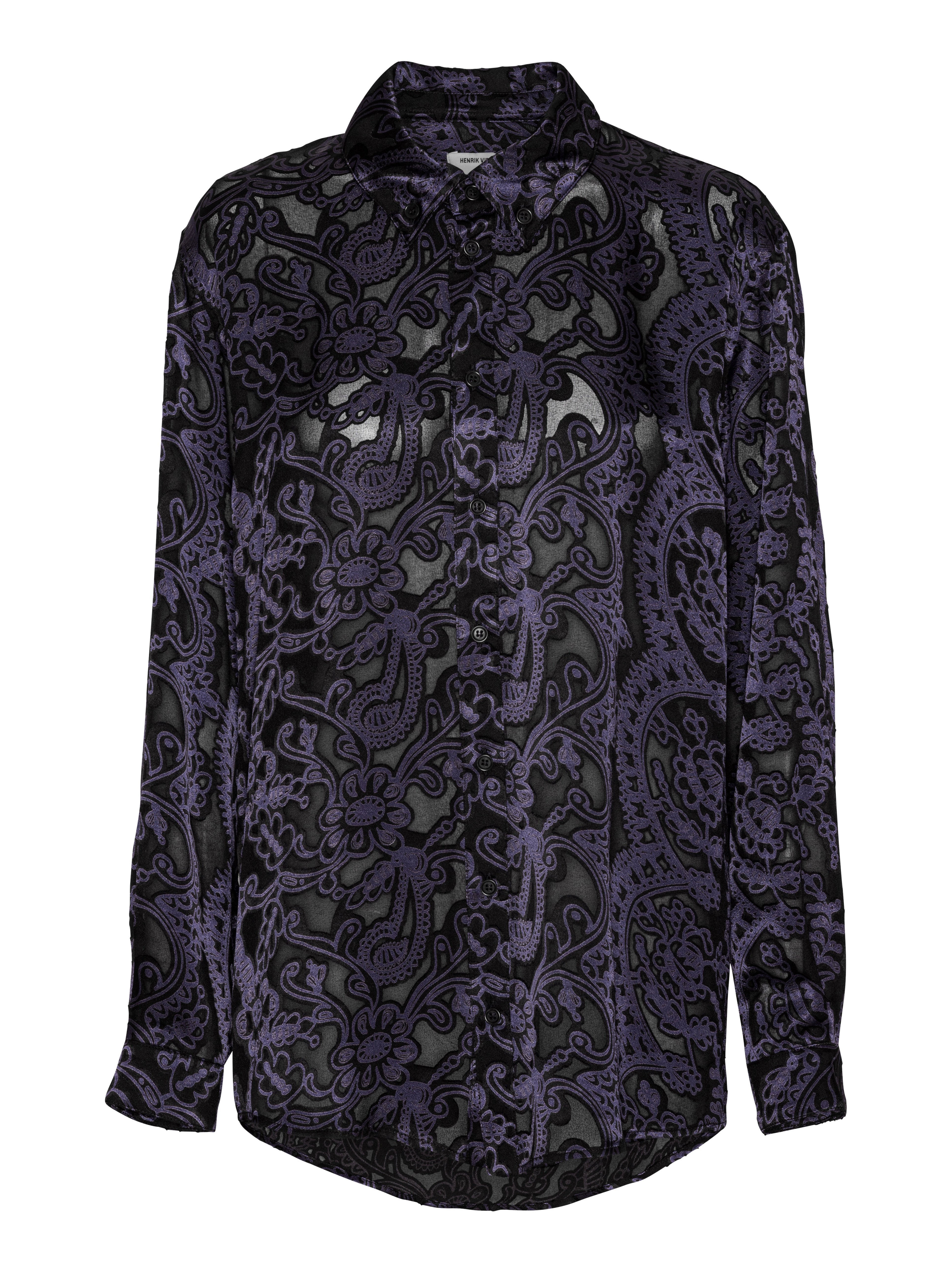Front view of the Block Shirt in dark purple semi-transparent Victorian Burnout fabric with classic collar, button front, and curved hem.