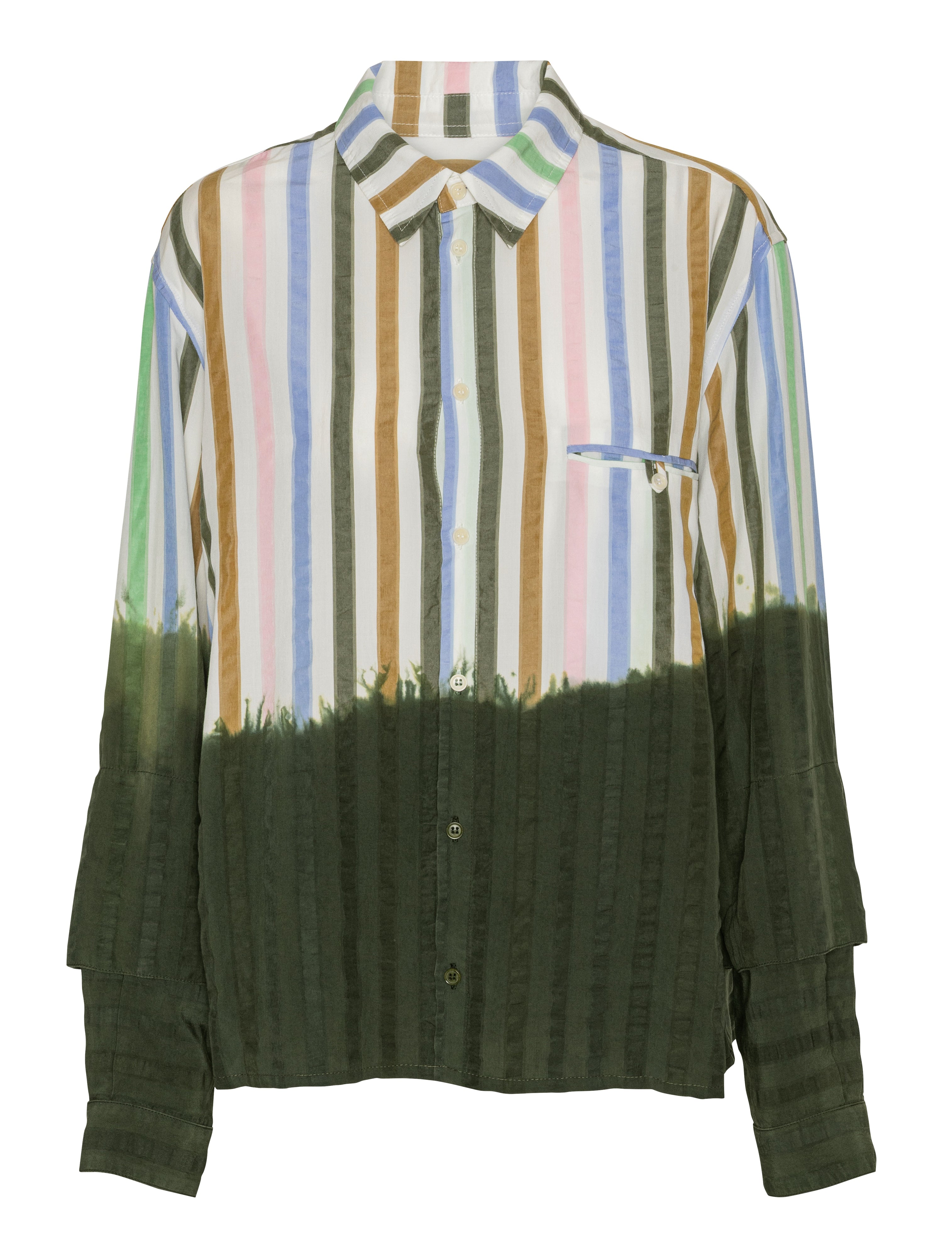 Blousse Shirt in DipDye Stripes by Henrik Vibskov, front view of relaxed-fit button-front shirt with vibrant multicolour stripes transitioning into forest green dip-dye at hem, classic collar and chest pocket, Spring/Summer 2026 Key Collection