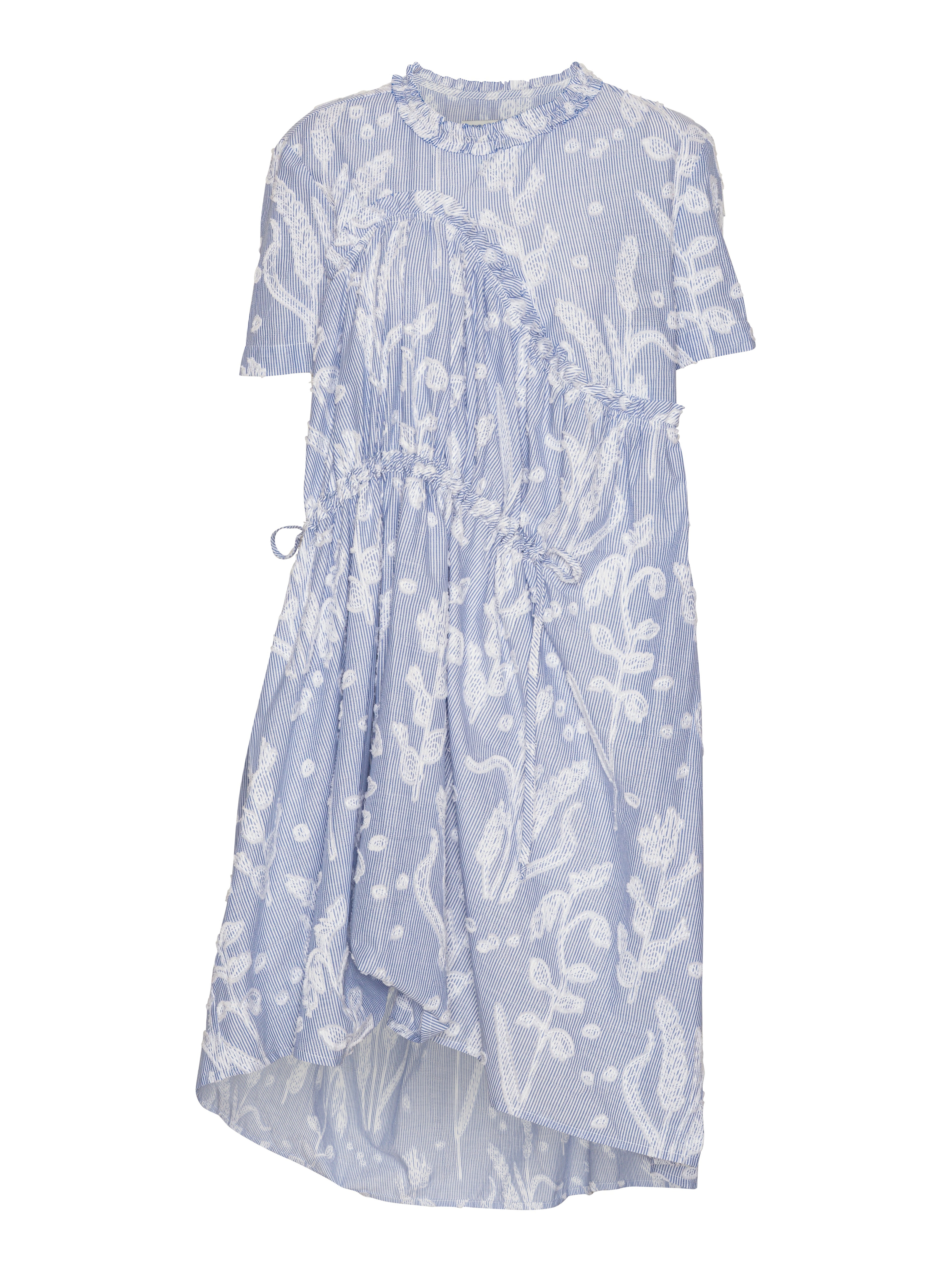 Front view of Henrik Vibskov Bon Chalant Dress in light blue textured fabric with white floral design and elastic ruched construction.