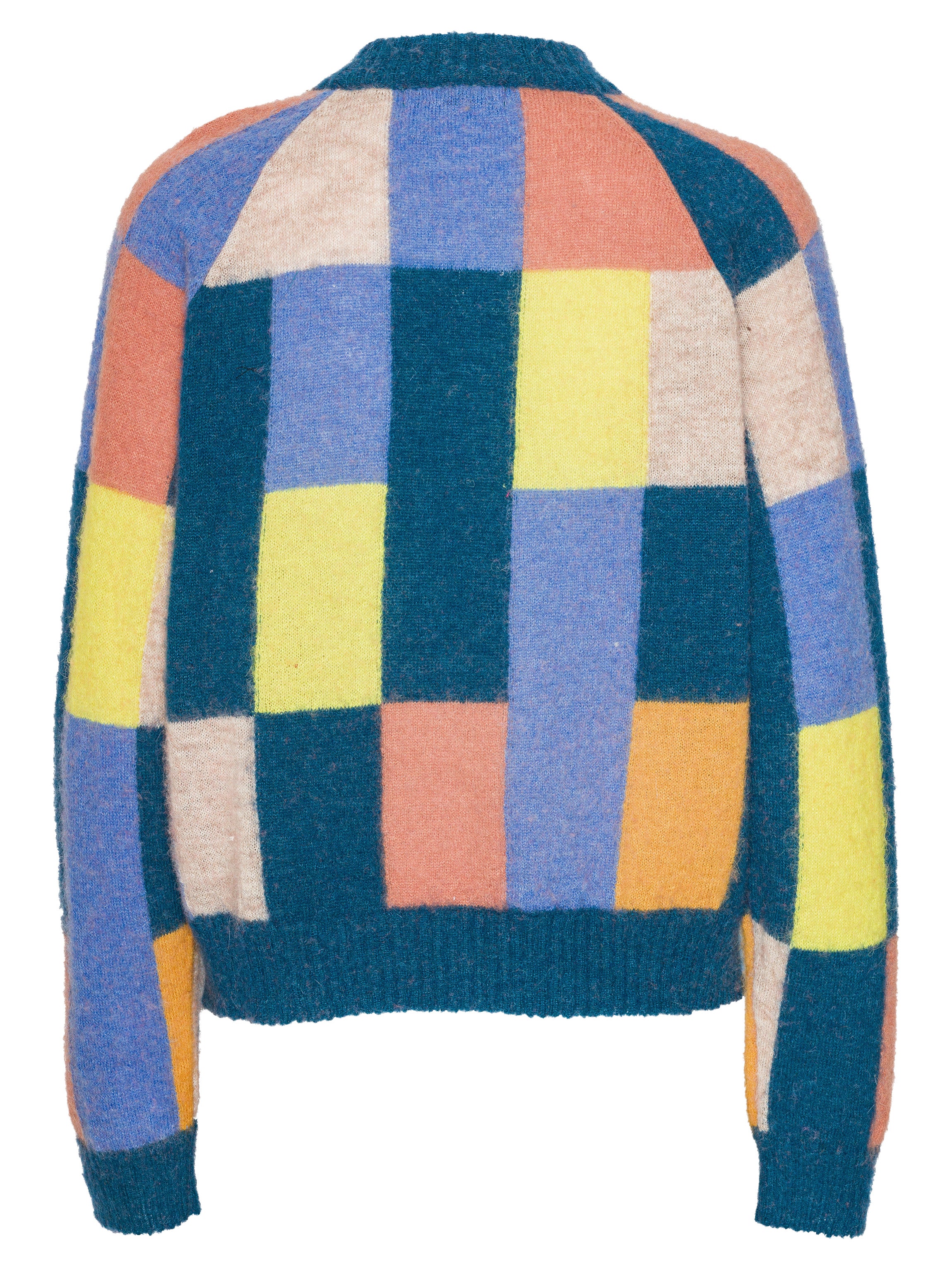 Colorful checkered sweater with a blue hems on a white background