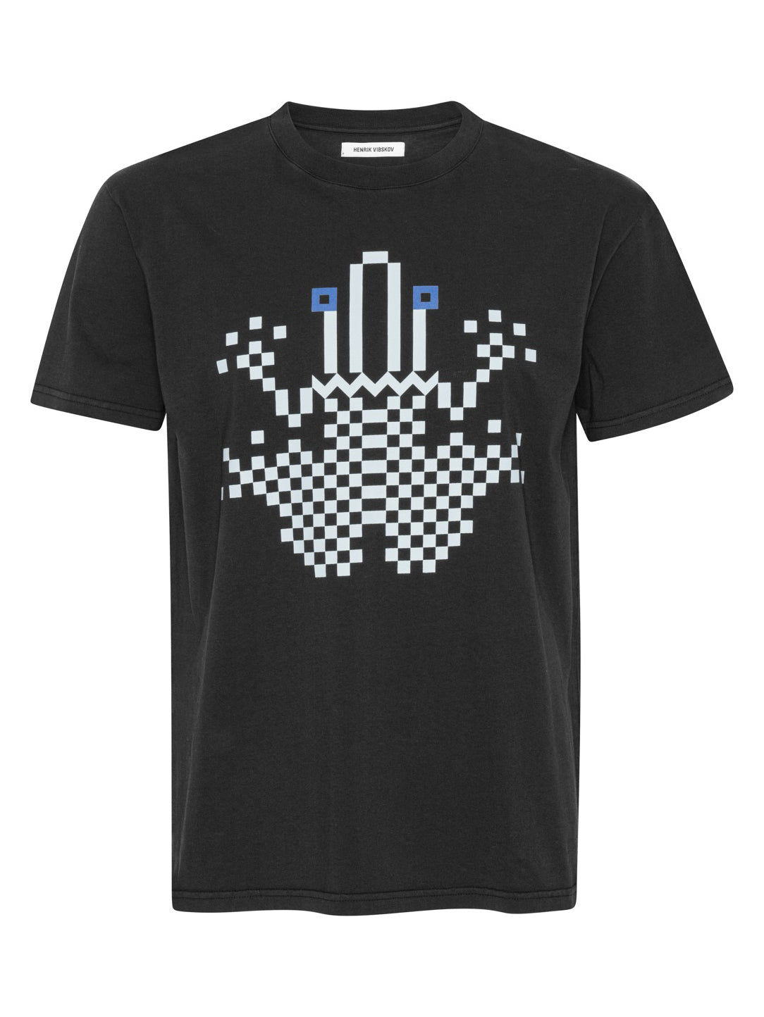 Front packshot of the Henrik Vibskov Cross Stitch Tee in Black, featuring a crew neck, short sleeves, relaxed fit, and bold cross stitch-inspired graphic print across the chest in contrasting tones
