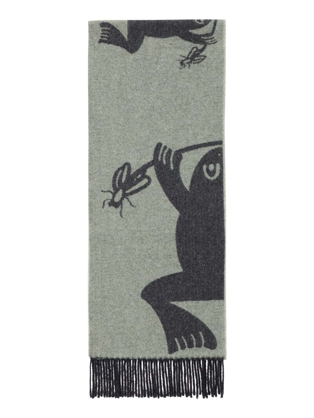 Henrik Vibskov Bug Press Scarf Black Bug Mint Grey, flat lay, mint grey and charcoal wool scarf with jacquard graphic figure and insect motif, navy fringed ends