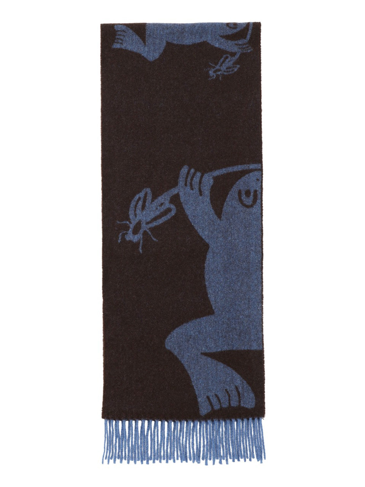 Henrik Vibskov Bug Press Scarf Blue Bug Brown, flat lay, brown and blue wool scarf with jacquard graphic figure and insect motif, blue fringed ends