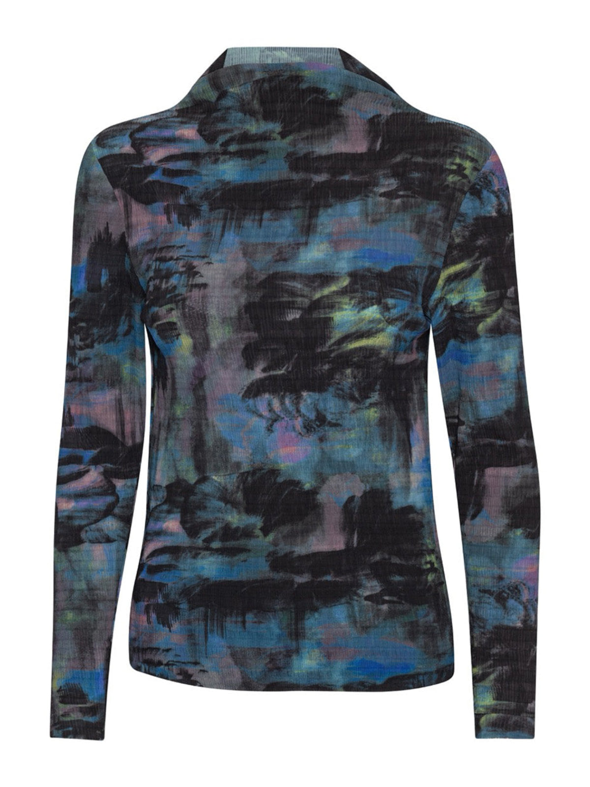 Henrik Vibskov Carry A Top in Mushroom Tapestry print, abstract blue and black mesh top, front flat lay