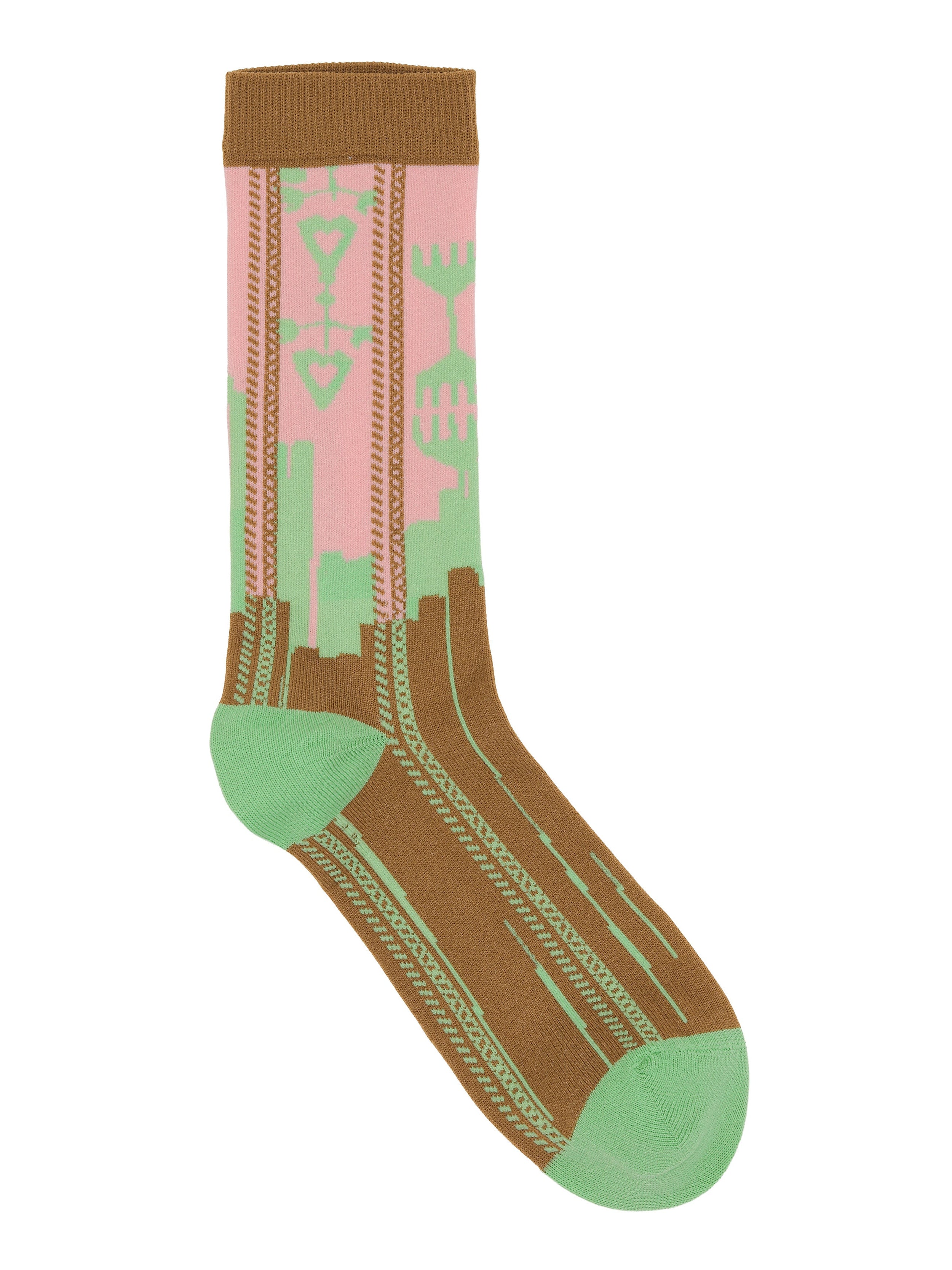Front view of Charm Socks Femme in Brown Charm featuring brown fabric with pink and mint green multi charm illustrations.
