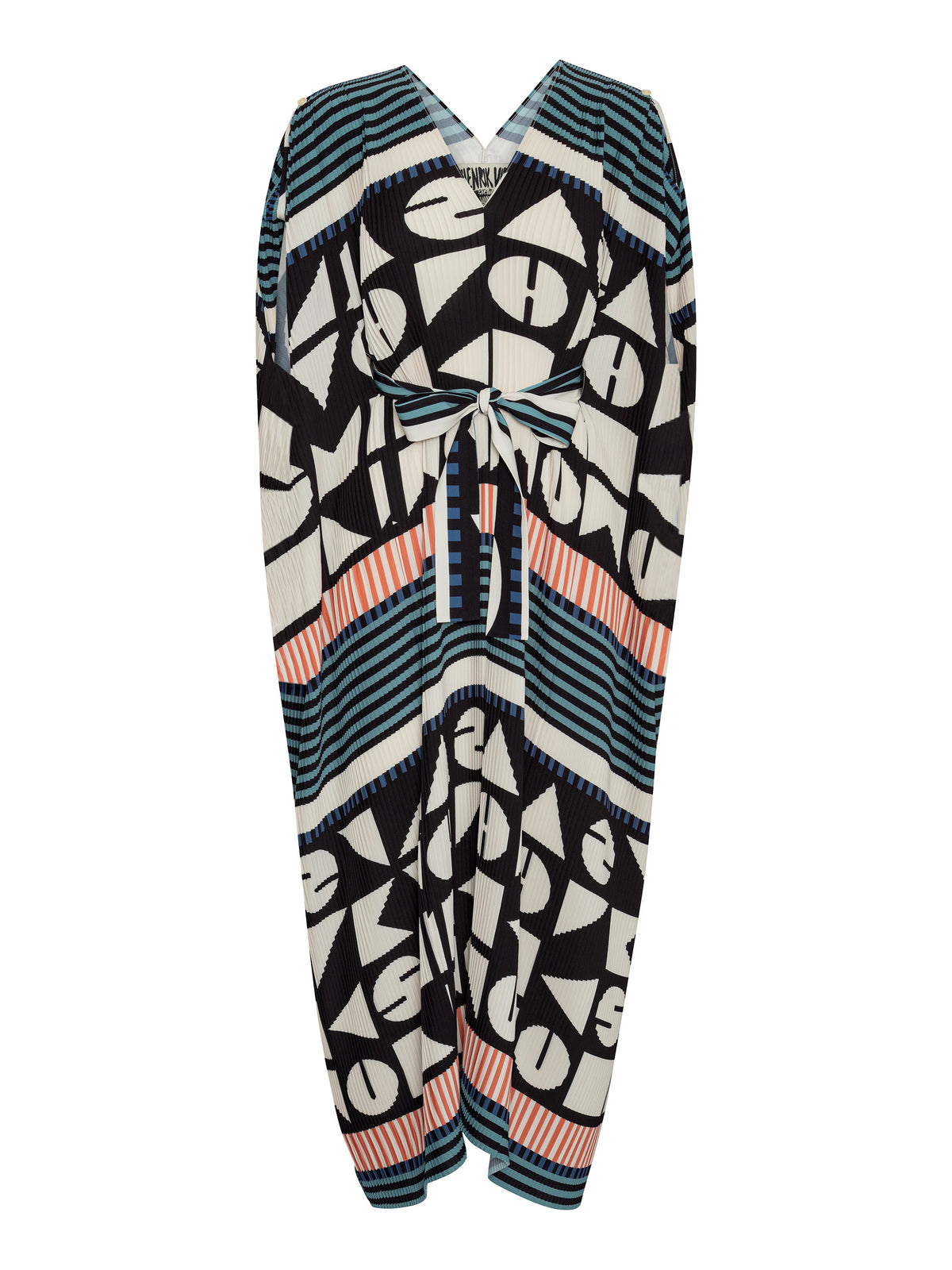 Henrik Vibskov Cherry Plisse Kaftan in Vibs In Bobs shown as a product image, featuring a long pleated silhouette, V-neck and self-tie waist belt.