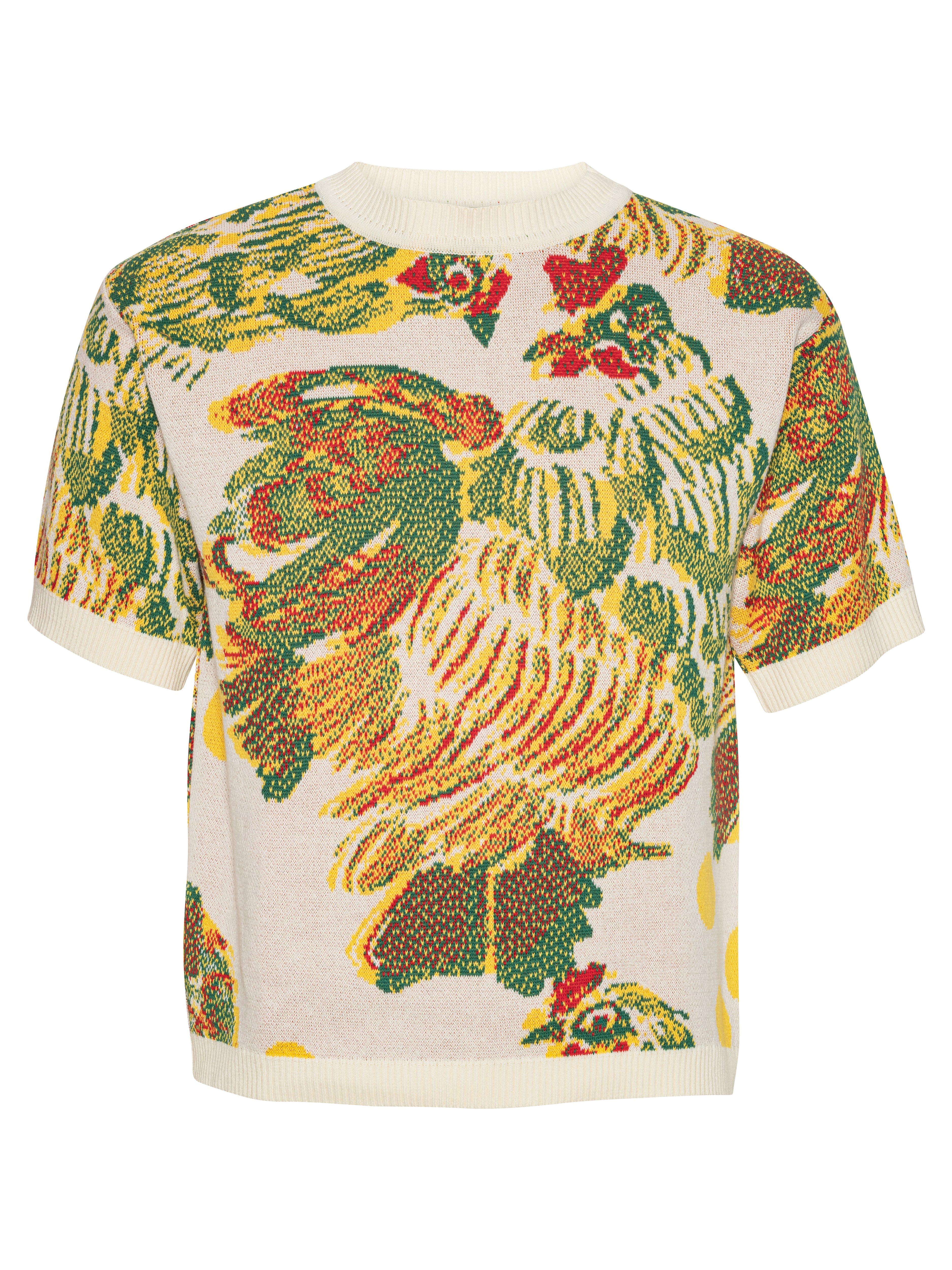 Front full-body packshot of the Chicken T Knit in Chicken Ecru from Henrik Vibskov Spring/Summer 2026 Studio Collection, featuring the beige knitted design, crew neck, short sleeves, and chicken motif.